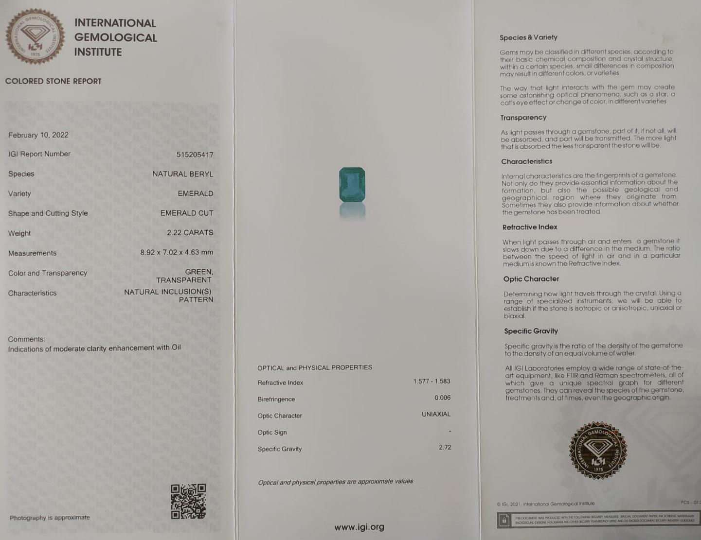 2,22 Karat Smaragd und 0,24 Karat Diamanten - 14 Kt. Weißgold - Halskette mit Anhänger (Art déco)