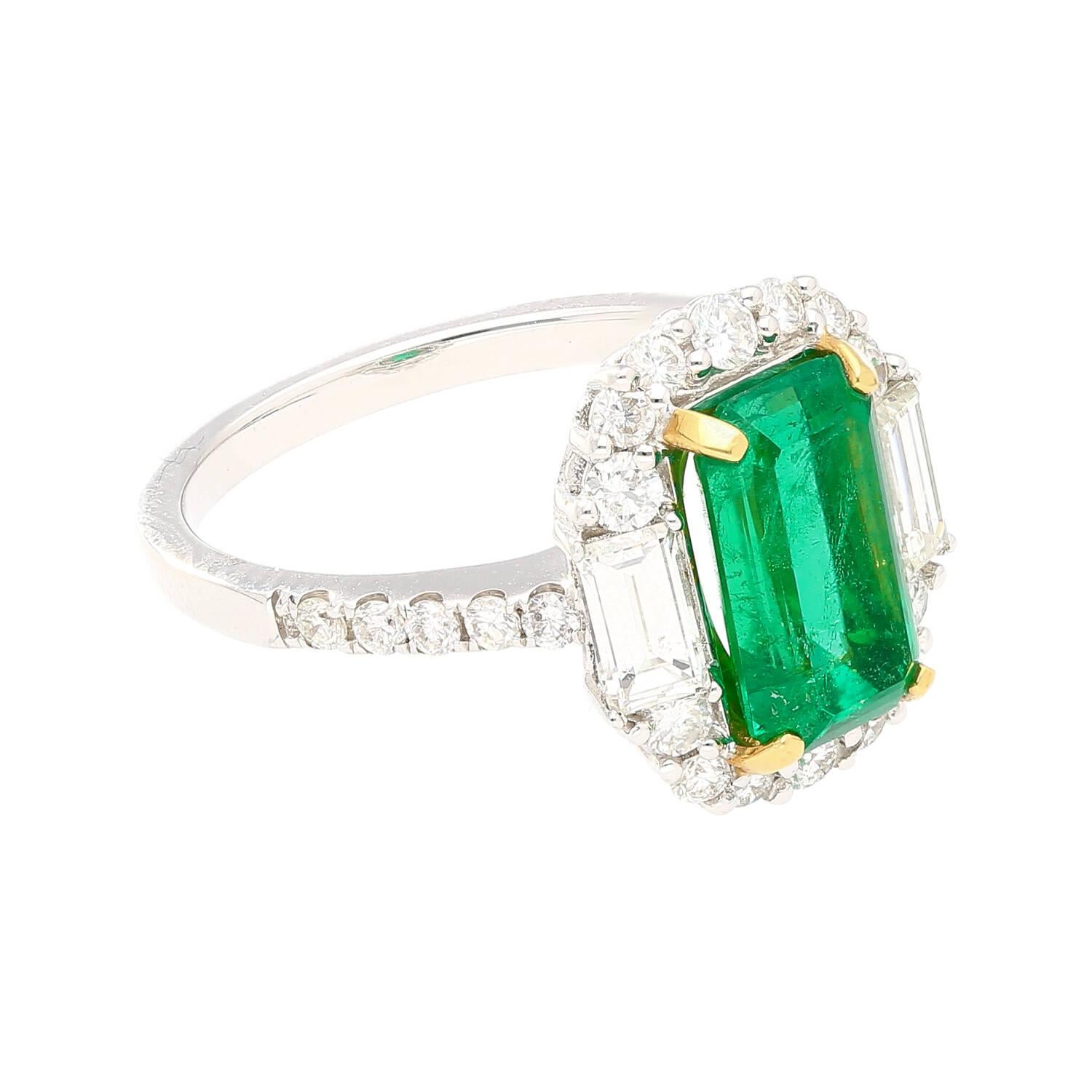 Art Deco 2.22 Carat Emerald Cut Natural Colombian Emerald & Baguette Diamond Ring For Sale