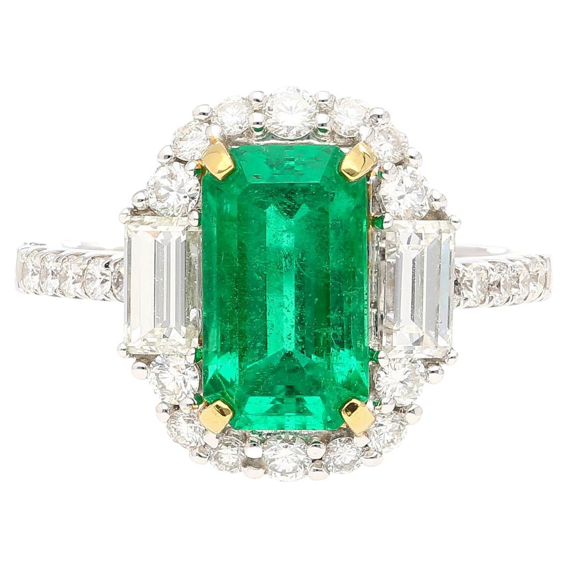 2.22 Carat Emerald Cut Natural Colombian Emerald & Baguette Diamond Ring