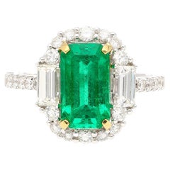 2.22 Carat Emerald Cut Natural Colombian Emerald & Baguette Diamond Ring