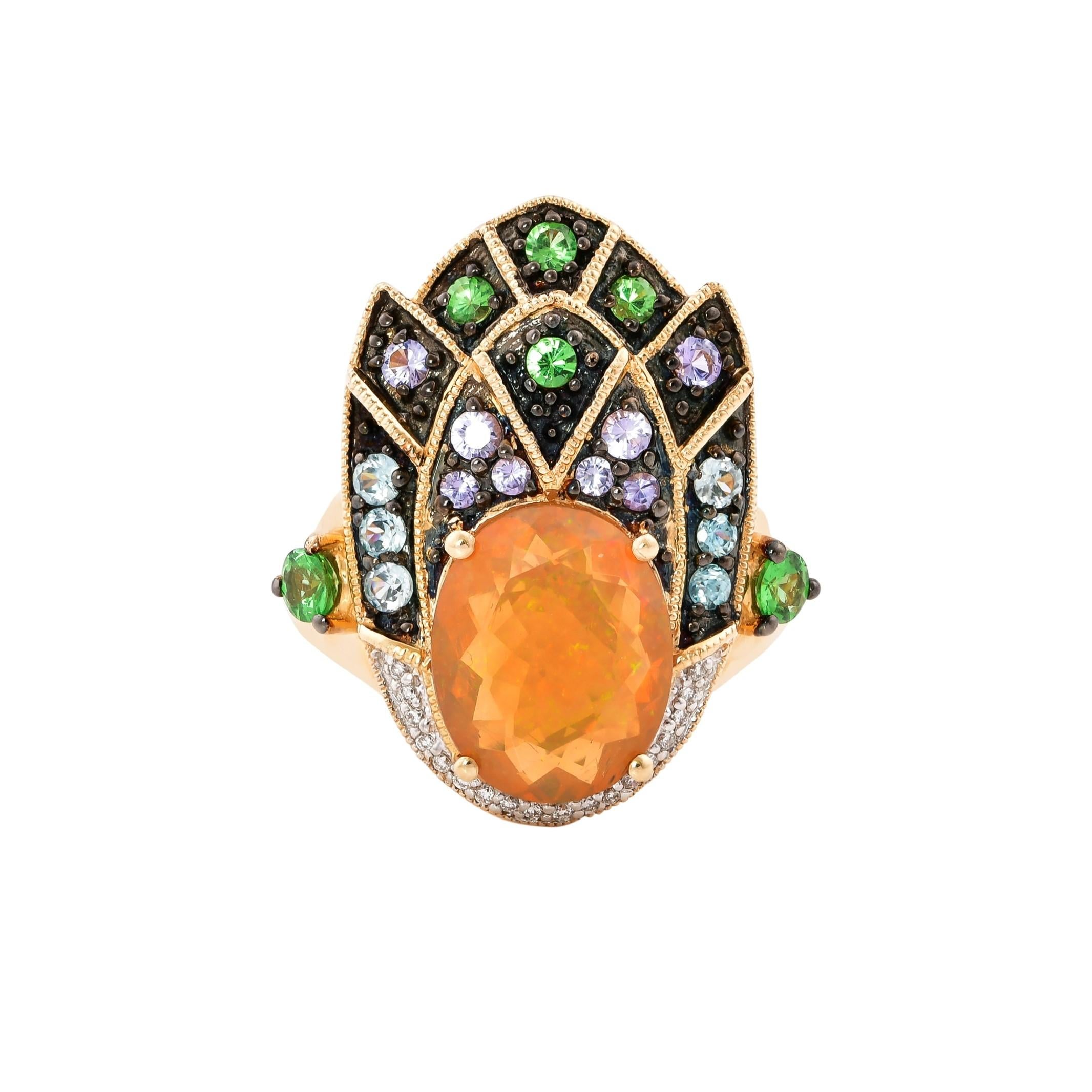 Oval Cut 2.22 Carat Ethiopian Opal Ring in 14 Karat Yellow Gold with Diamonds For Sale