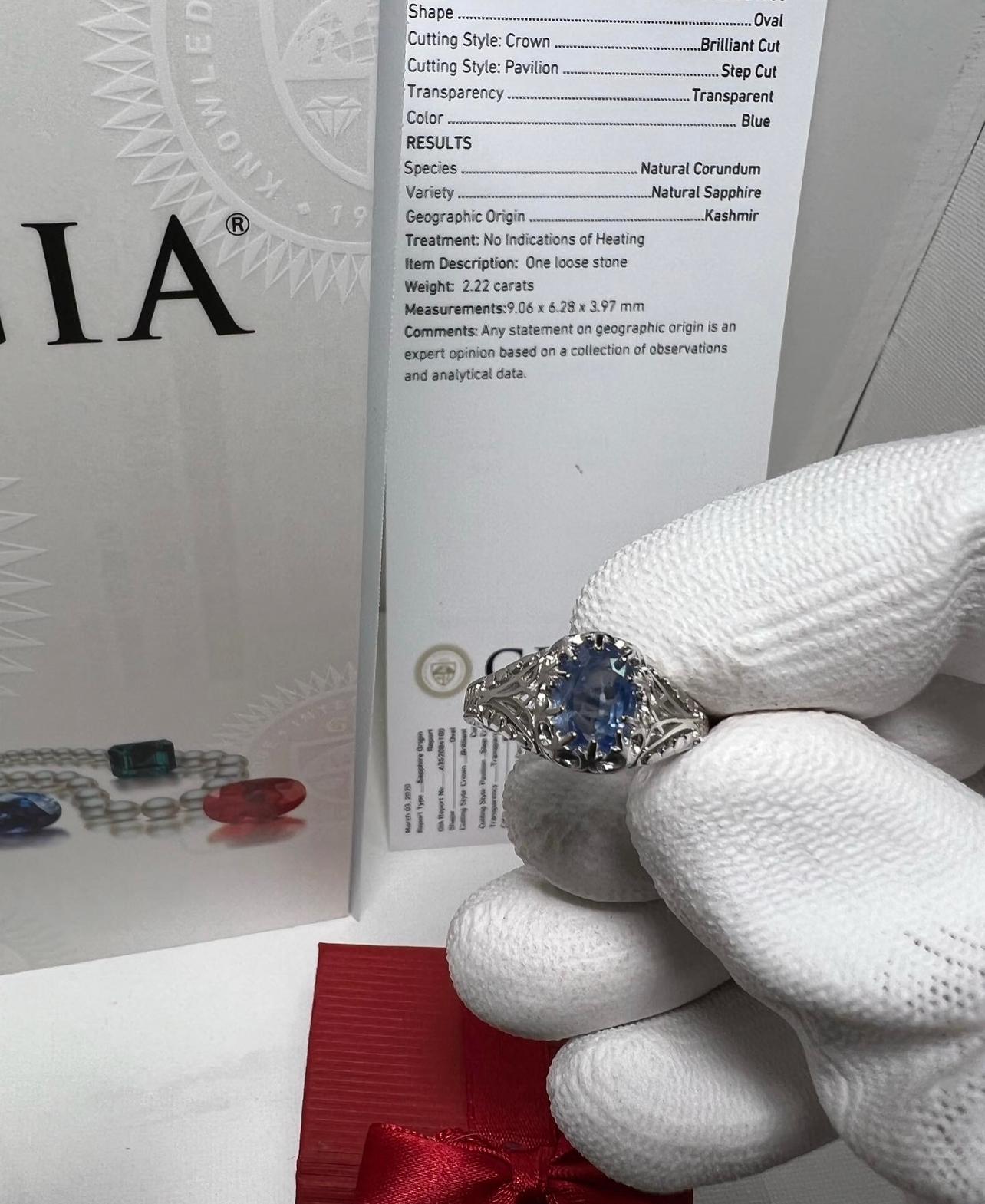 Dieser Kaschmir-Edelstein ist Teil einer 8-teiligen Collection'S  von einer mir bekannten Familie in Kaschmir erworben. Er stammt aus der Jammu-Mine in Kaschmir, ist also ein sehr alter Edelstein. Es ist GIA-zertifiziert und extrem selten, diese