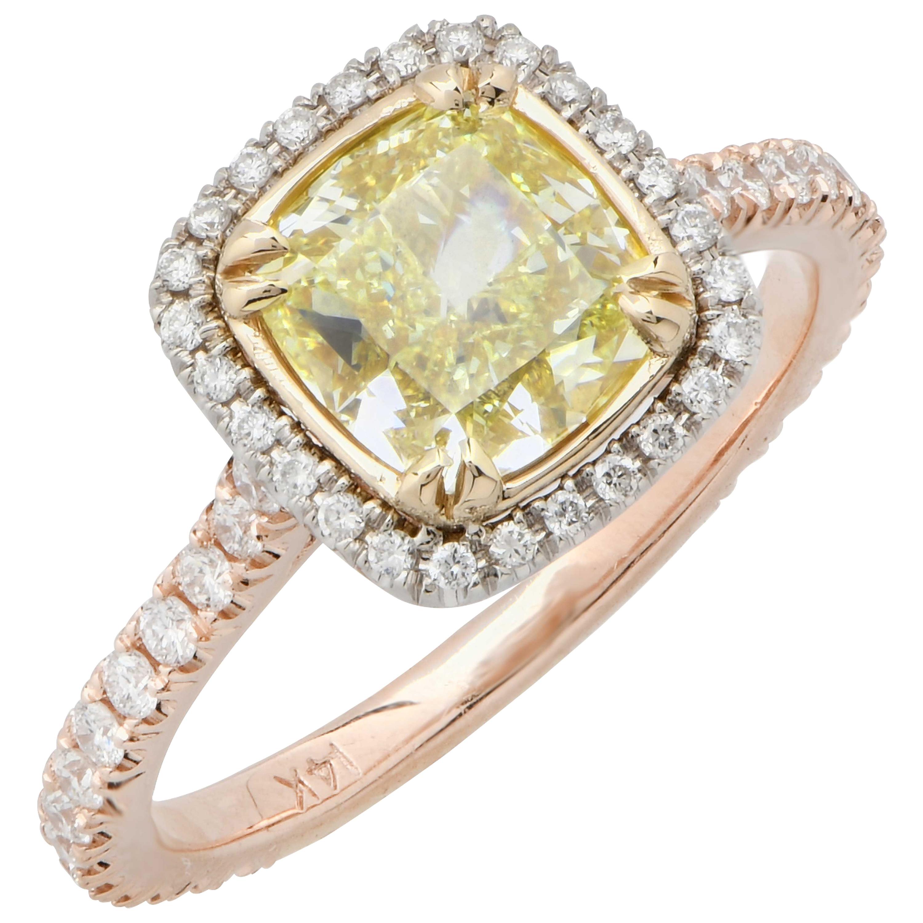 2.22 Carat Light Yellow Cushion Cut Diamond Engagement Ring
