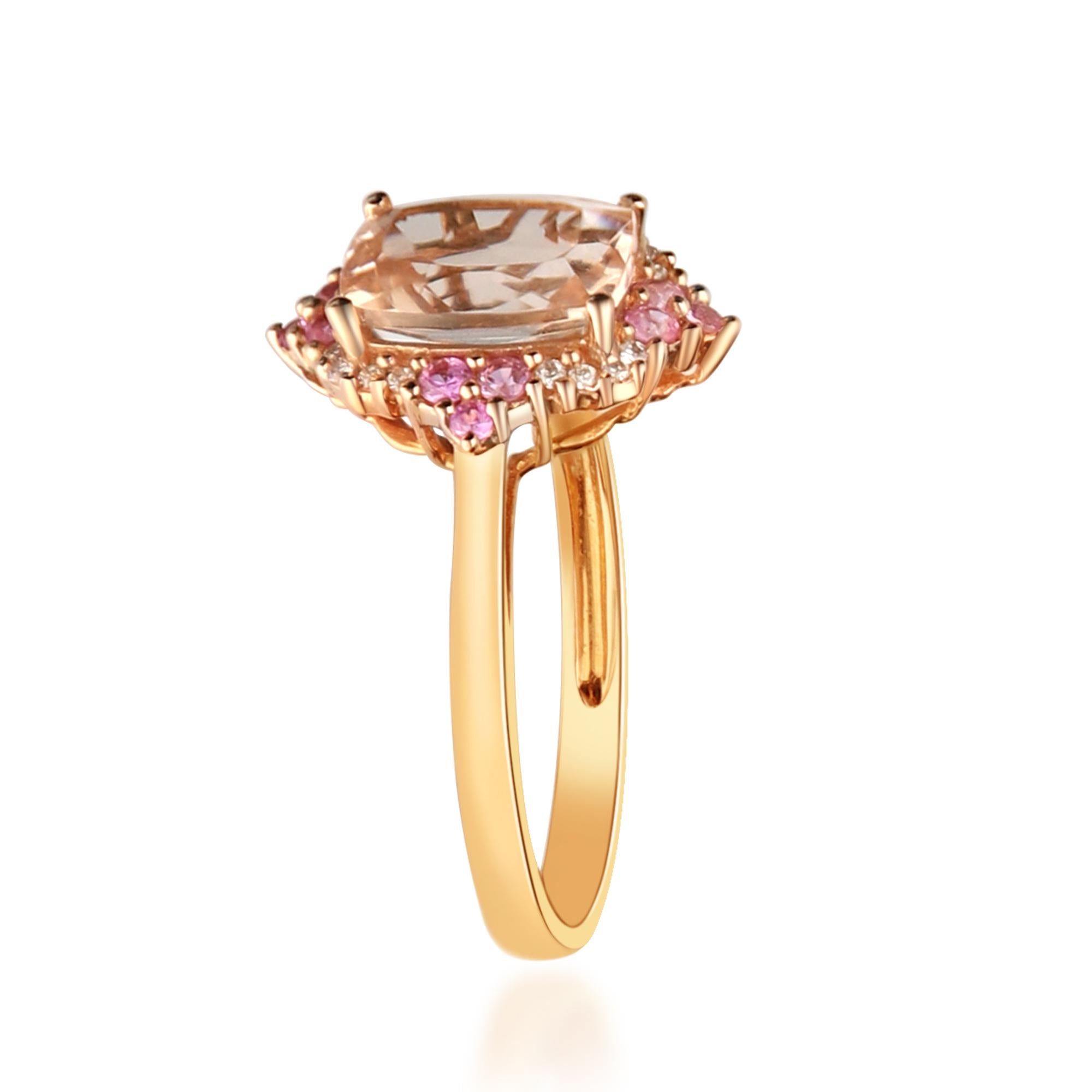 This lovely ring from Gin & Grace offers a large emerald-cut Genuine morganite center stone surrounded by round-cut Genuine pink sapphires and Natural white diamonds. The 14-karat rose gold construction of this jewelry is finished with an attractive
