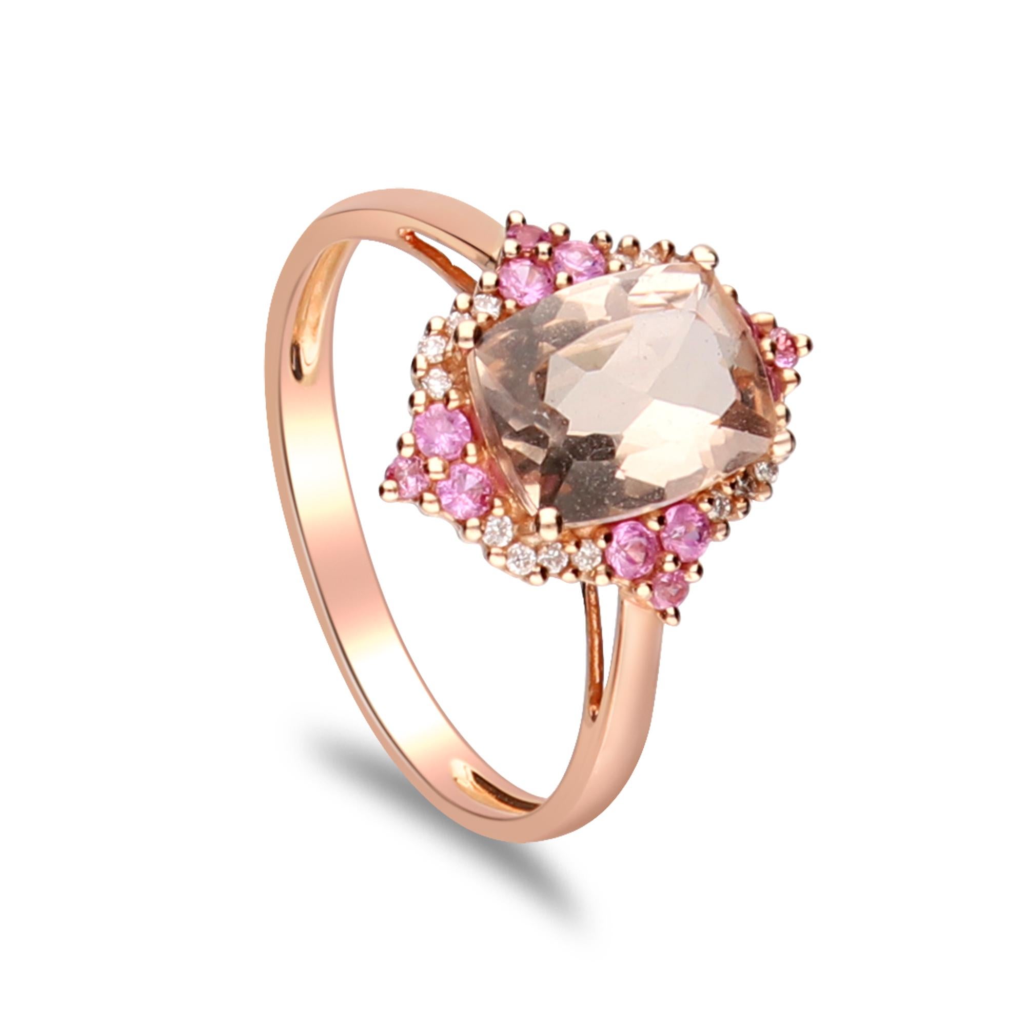 Women's 2.22 Carat Morganite Cushion Cut and Pink Sapphire Round Cut 14K Rose Gold Ring For Sale