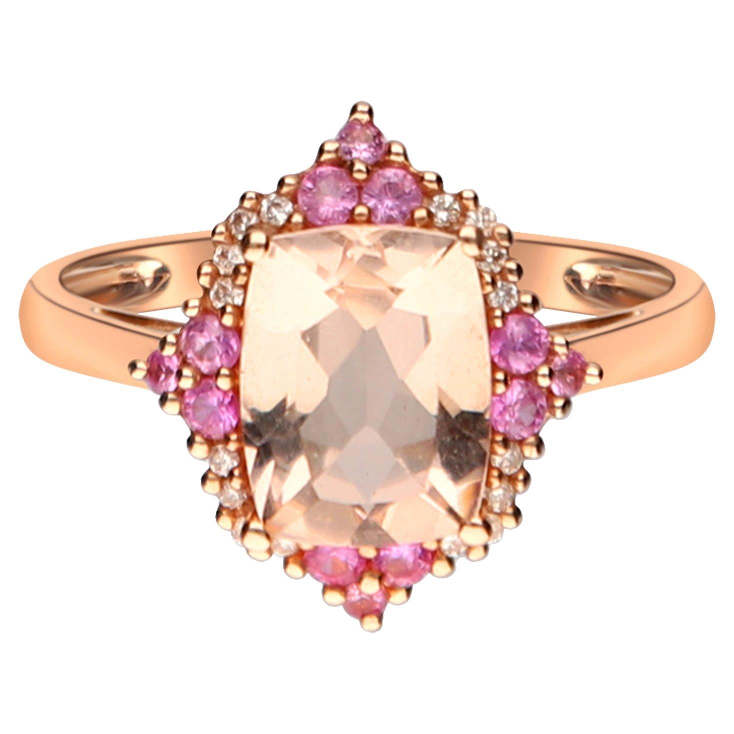 2.22 Carat Morganite Cushion Cut and Pink Sapphire Round Cut 14K Rose Gold Ring For Sale