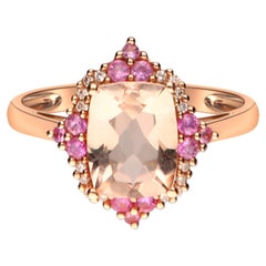 Vintage 2.22 Carat Morganite Cushion Cut and Pink Sapphire Round Cut 14K Rose Gold Ring