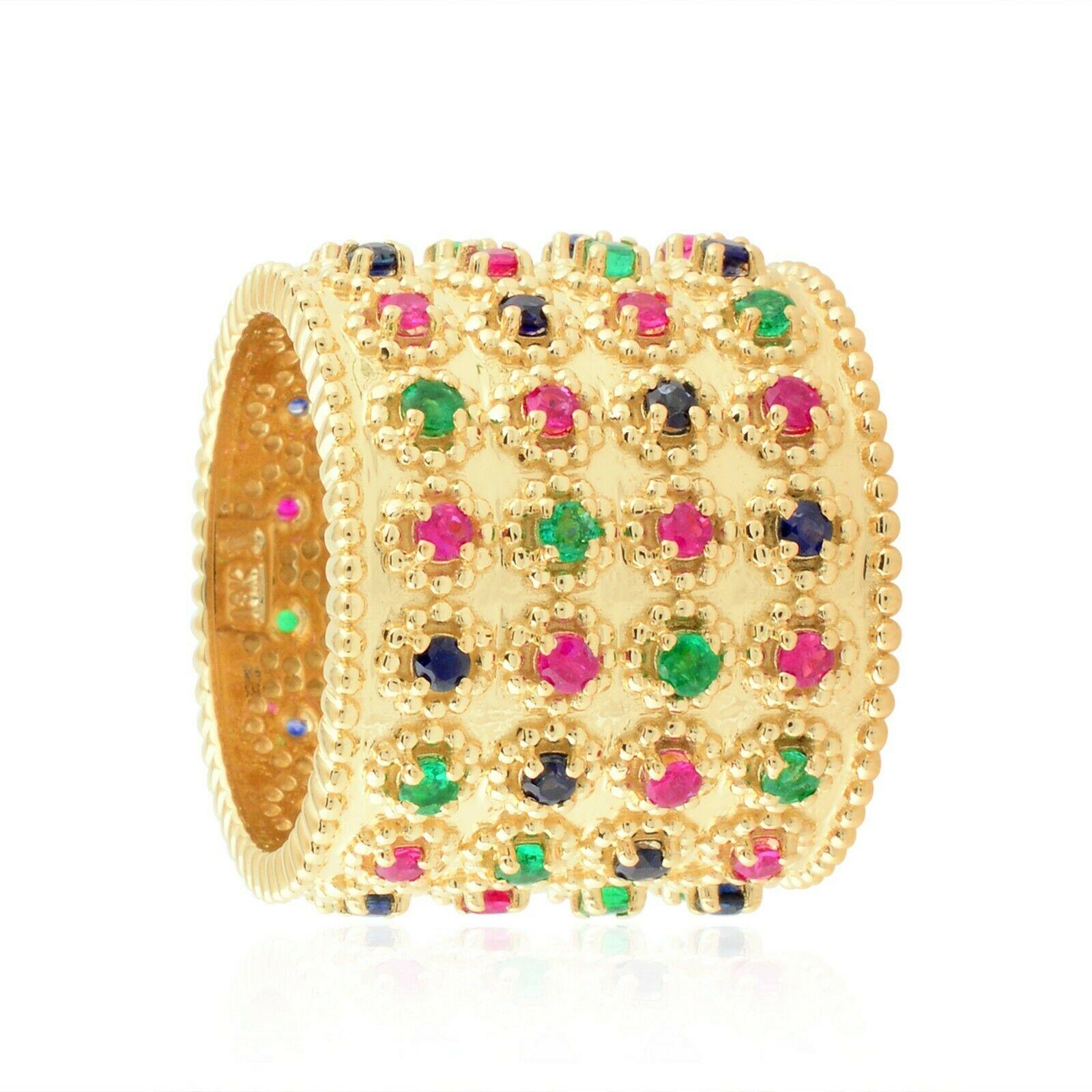This ring has been meticulously crafted from 14-karat gold.  It is hand set with 2.22 carats emerald, ruby and blue sapphire. 

The ring is a size 7 and may be resized to larger or smaller upon request. 
FOLLOW  MEGHNA JEWELS storefront to view the