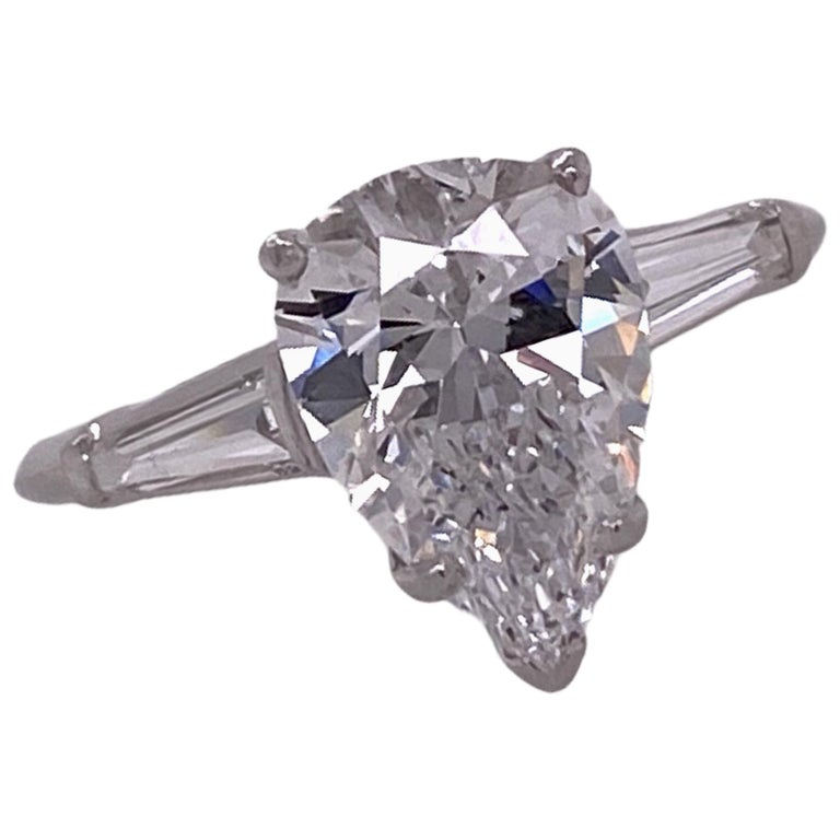 2.22 Carat Pear Cut Diamond Platinum Engagement Ring GIA F/SI1 Tapered ...