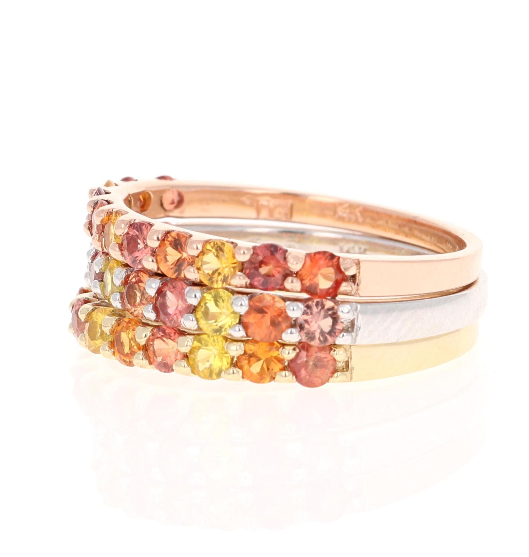 Contemporary 2.22 Carat Round Cut Multicolored Sapphire 14 Karat Gold Stackable Bands