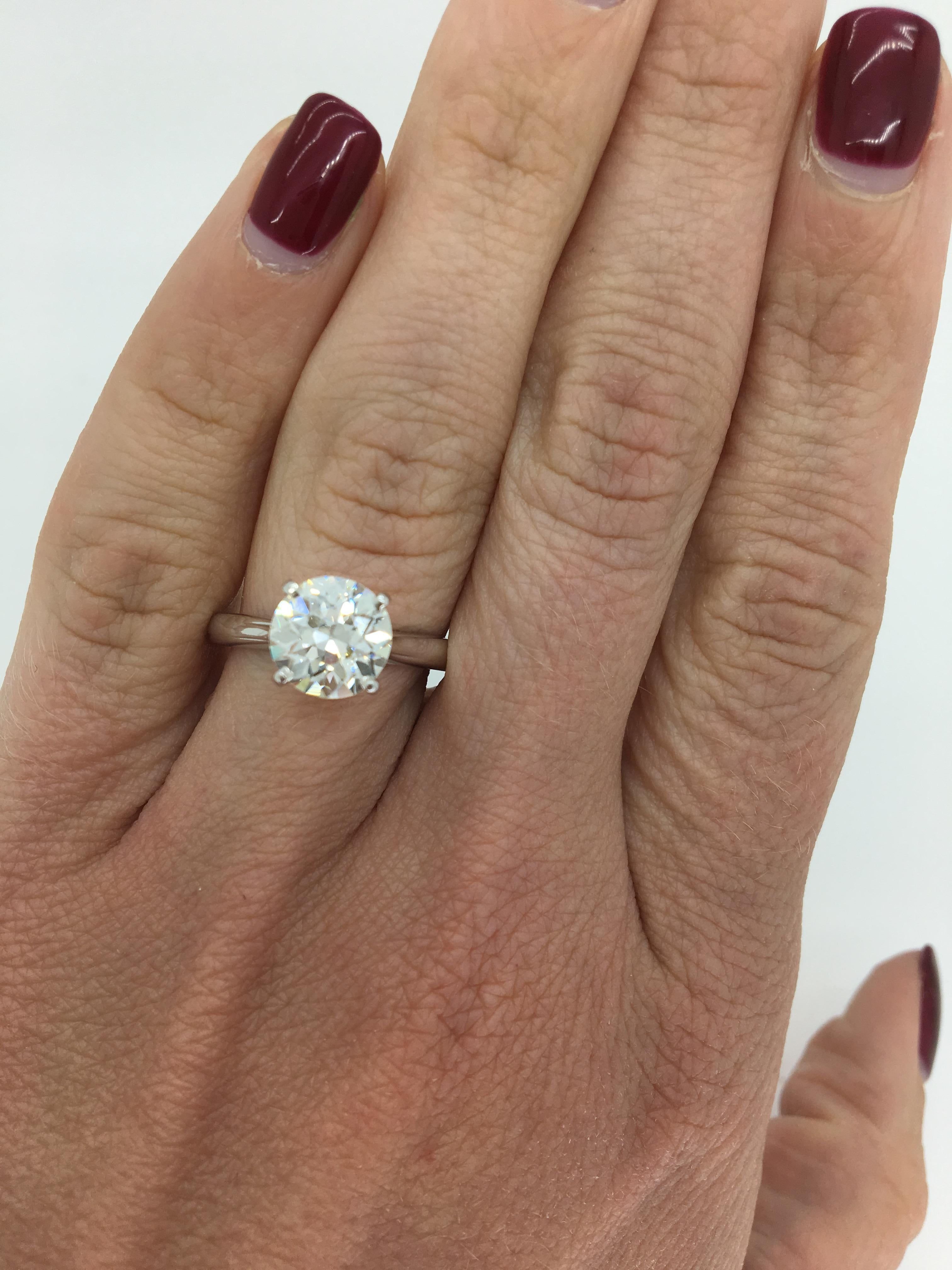 14K White Gold Diamond ring featuring an extravagant 2.22CT Round Transitional cut Diamond solitaire. The Diamond has K color and is SI1 clarity. This beautiful ring is a size 6 and weighs 3.5 grams.