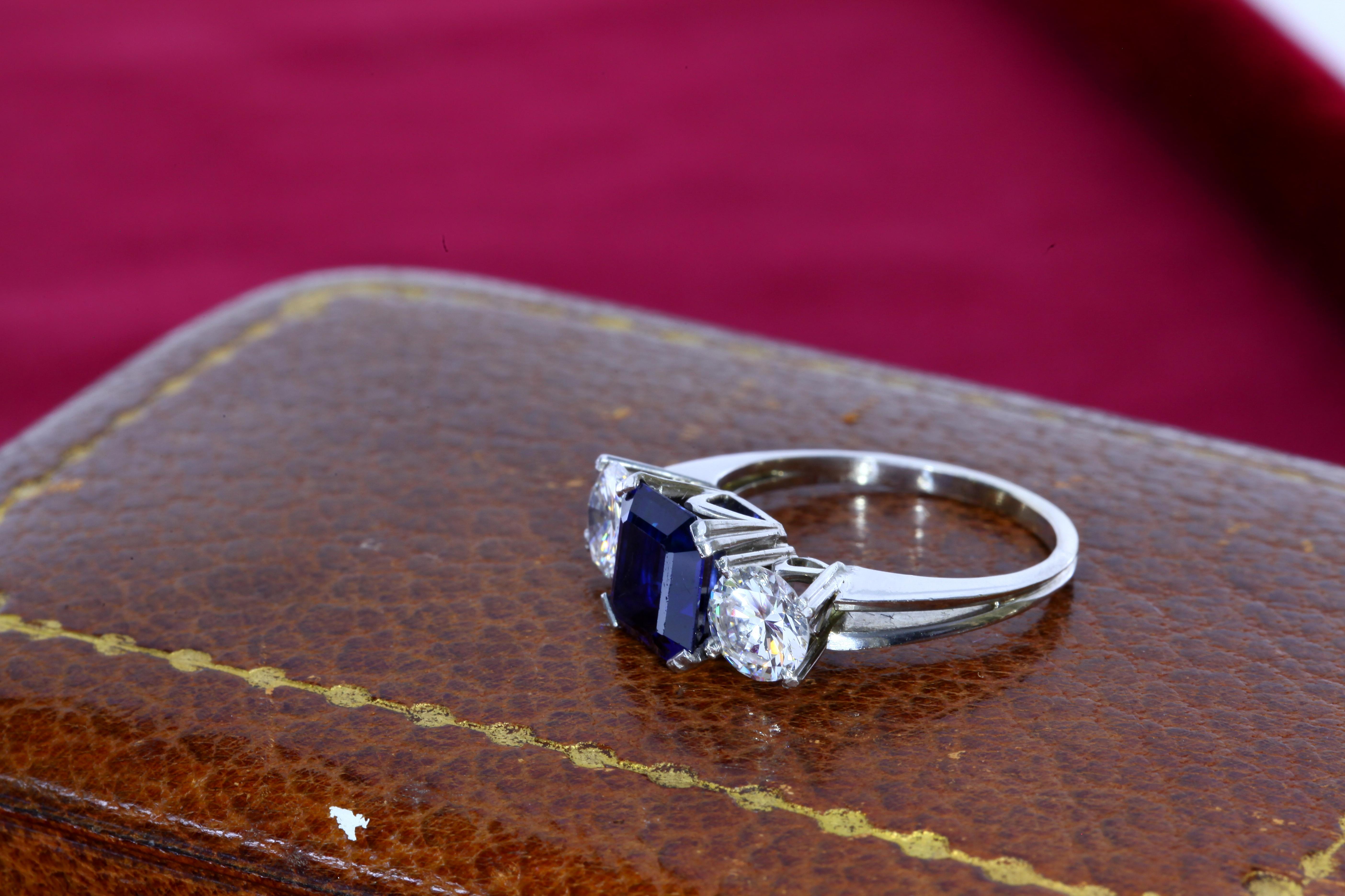 Octagon Cut 2.22 Carat Sapphire and Diamond Three-Stone Ring For Sale