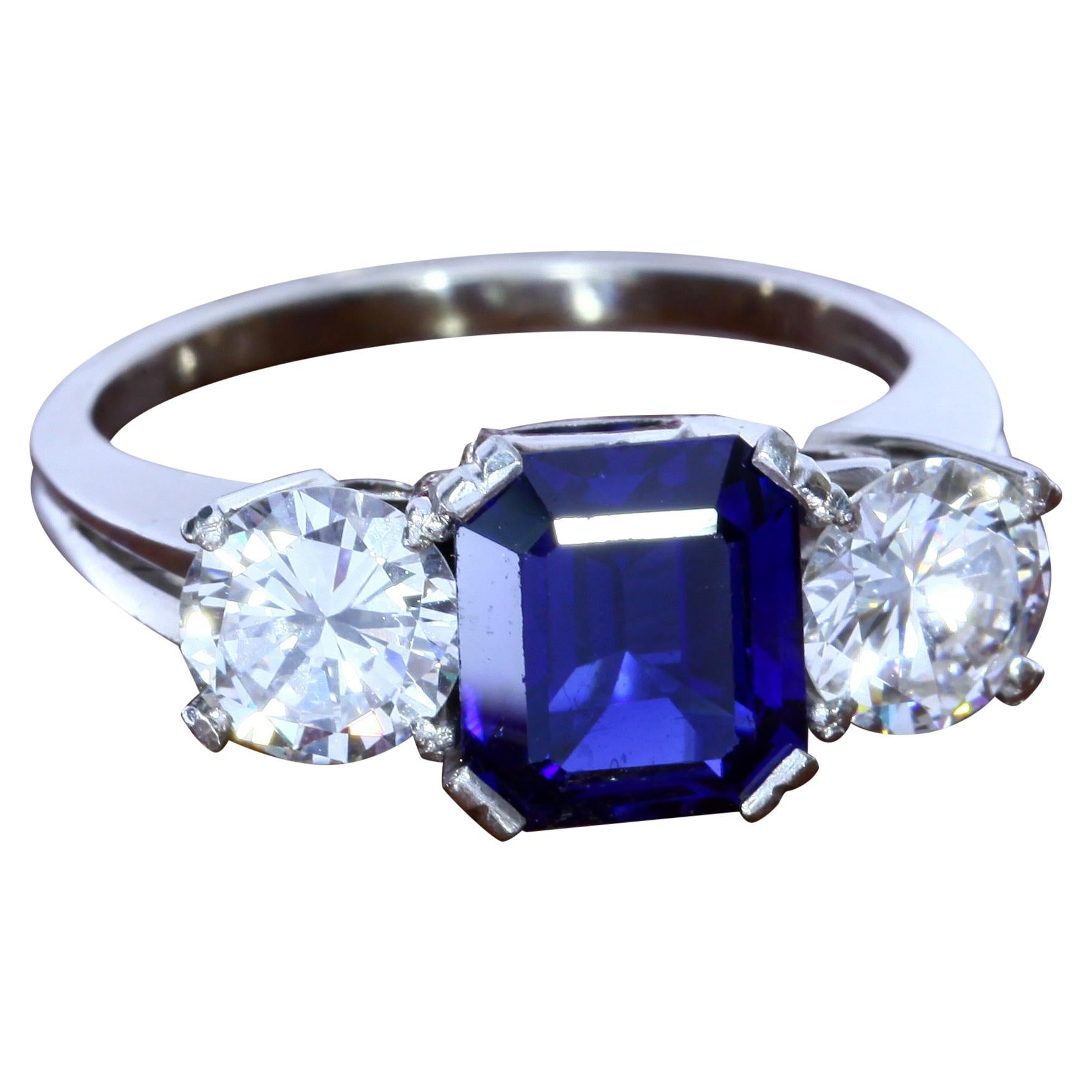 2.22 Carat Sapphire and Diamond Three-Stone Ring For Sale