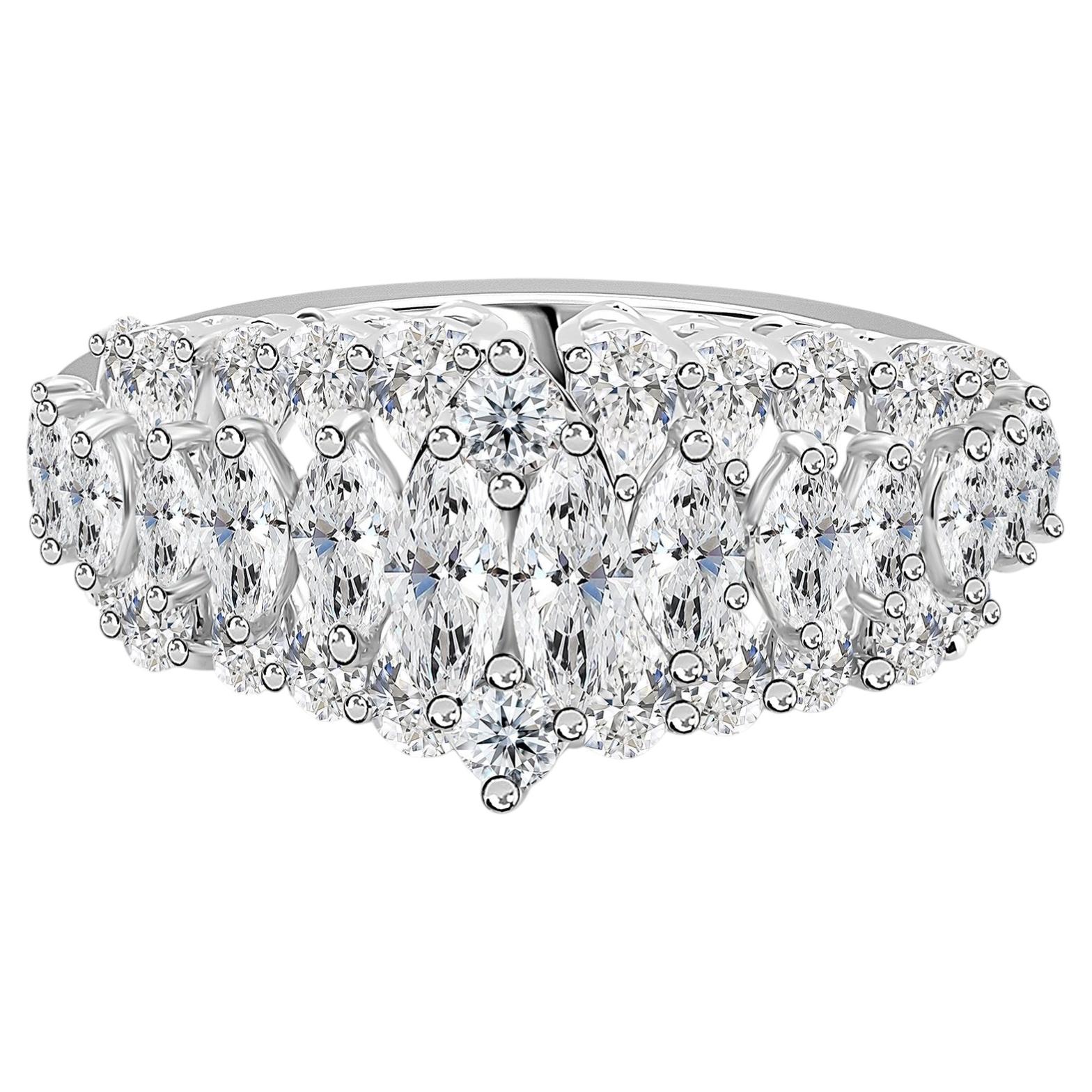 2.22 Ct Natural Marquise Diamond Fan Cluster Dome Ring in 18K White Gold
