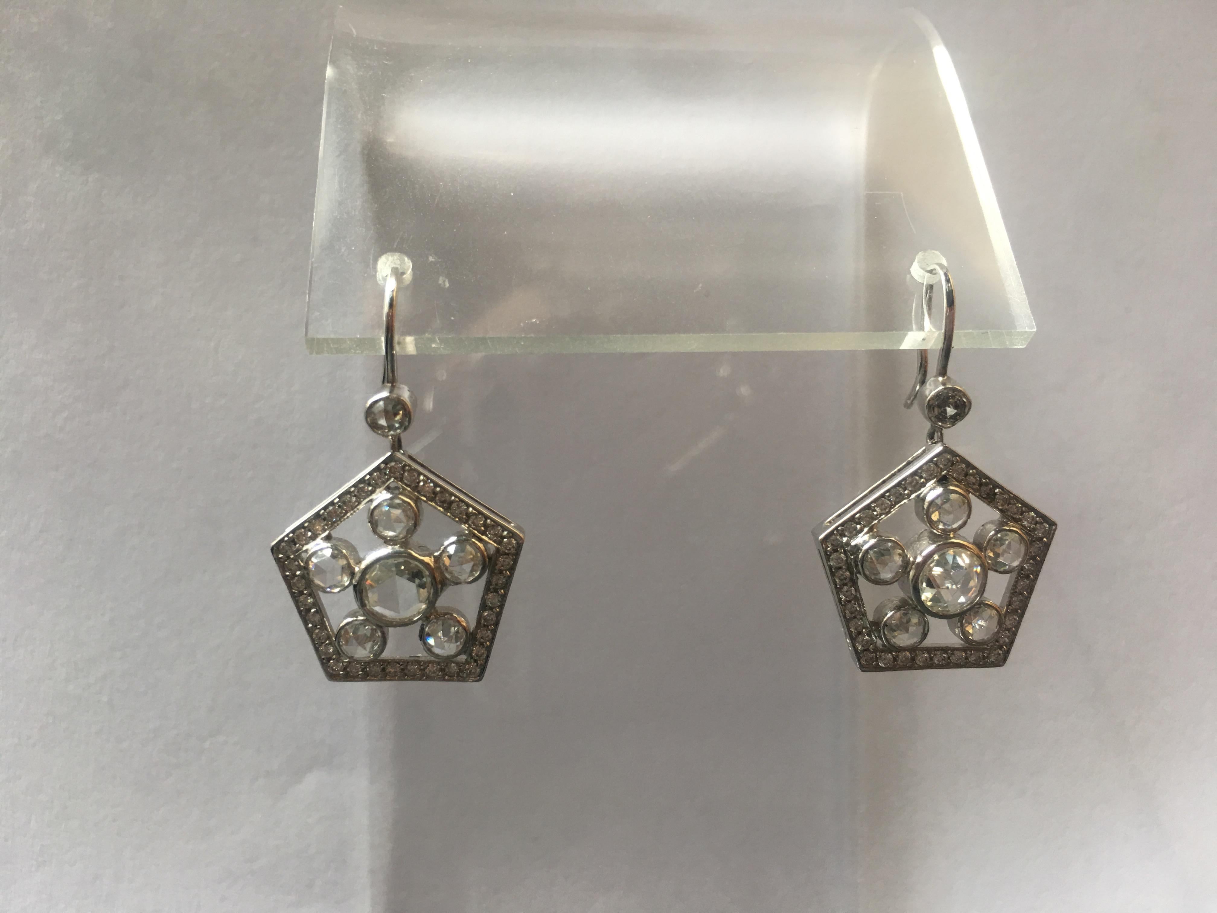 Contemporary 2.22 Carat White Rose Cut Diamond Dangle Earrings For Sale