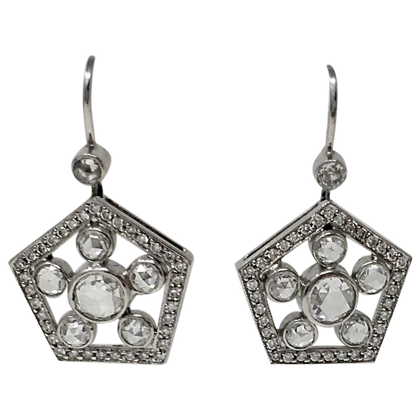 2.22 Carat White Rose Cut Diamond Dangle Earrings For Sale