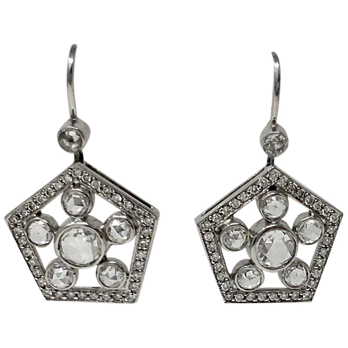 2.22 Carat White Rose Cut Diamond Dangle Earrings in 18 Karat White Gold