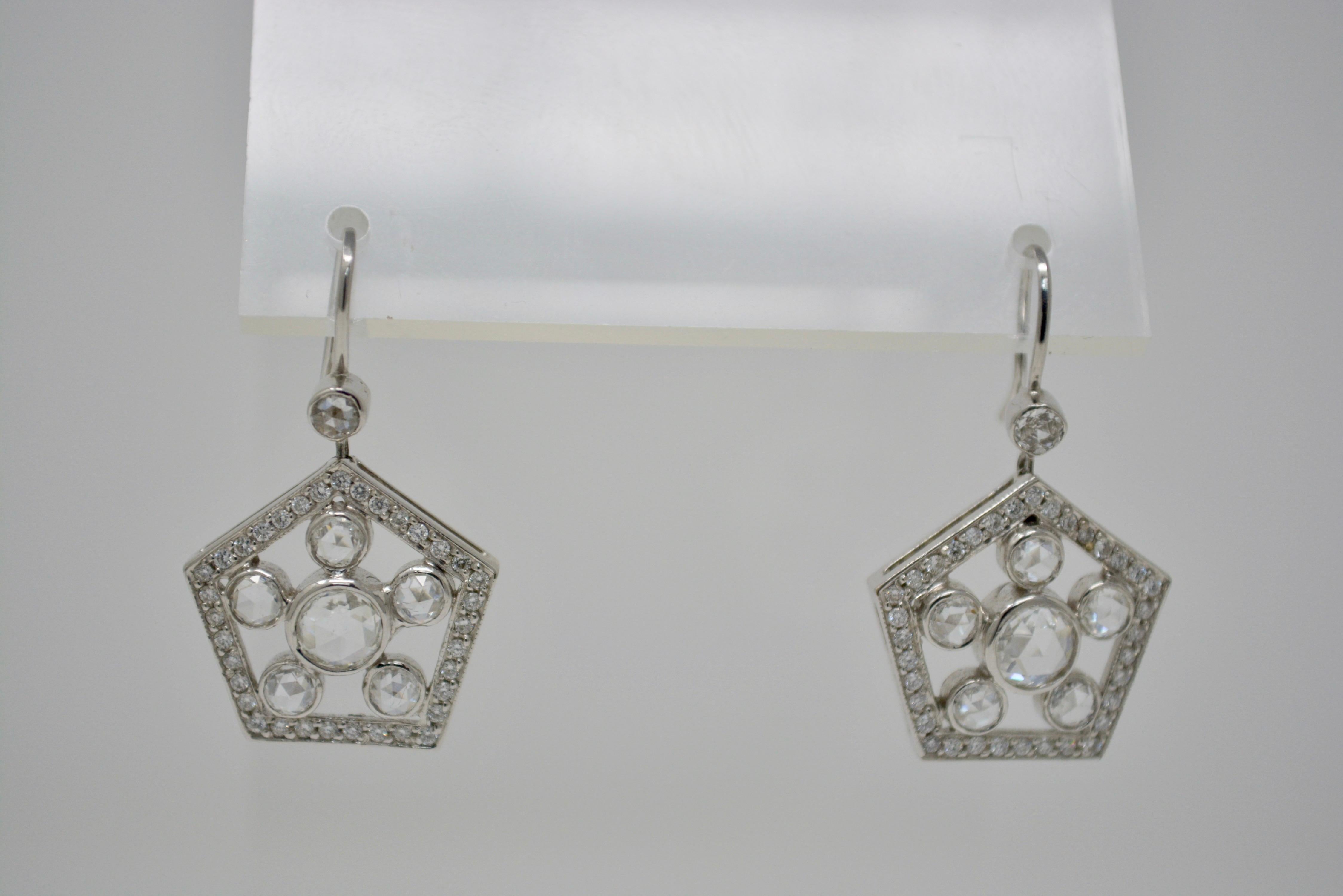 2.22 Carat White Rose Cut Diamond Dangle Earrings in 18 Karat White Gold For Sale 1
