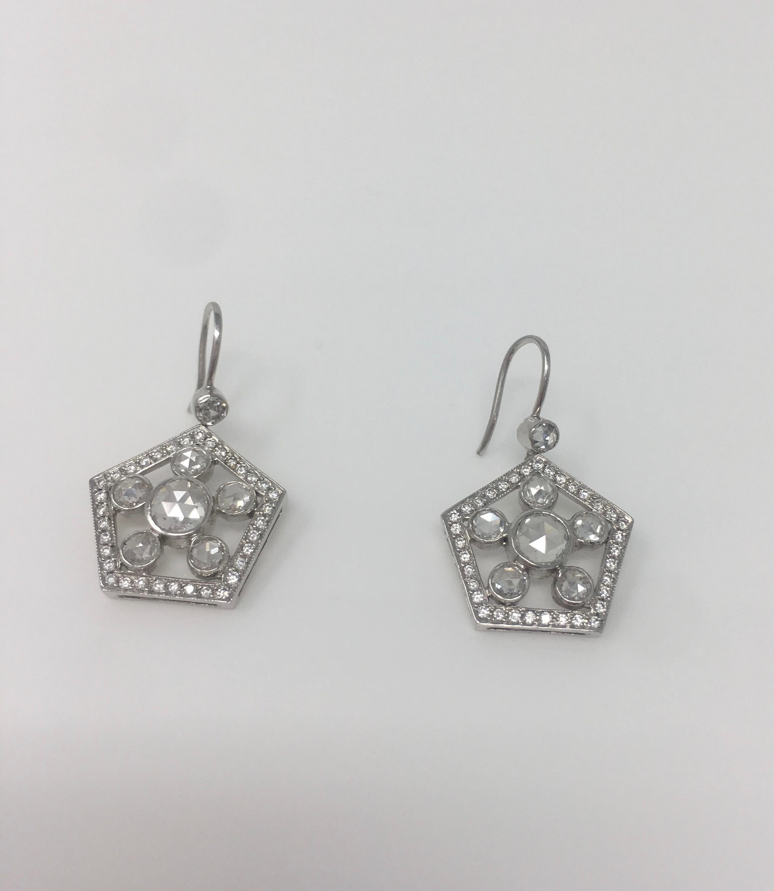 2.22 Carat White Rose Cut Diamond Dangle Earrings in 18 Karat White Gold For Sale 2