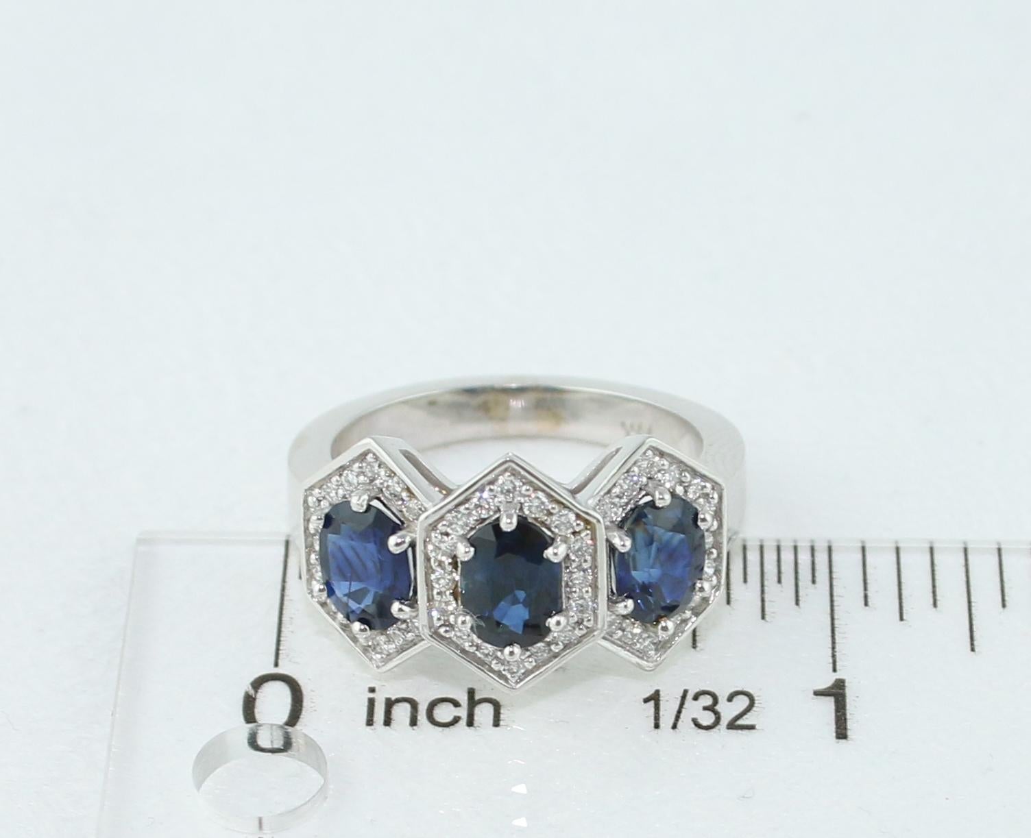 Women's 2.22 Carat Three-Stone Hexagon Blue Sapphire Diamond Gold Band Ring For Sale