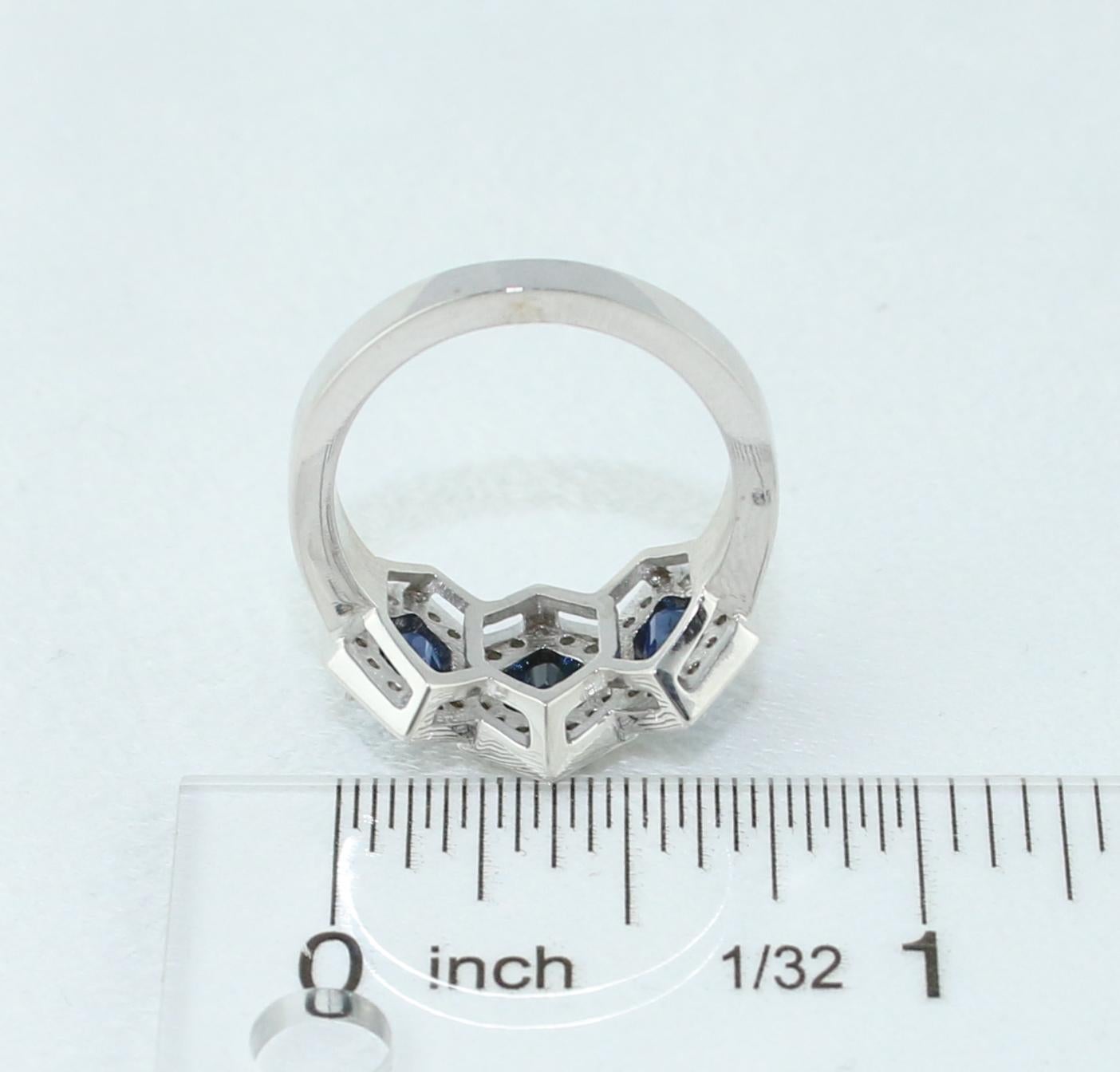 2.22 Carat Three-Stone Hexagon Blue Sapphire Diamond Gold Band Ring For Sale 1