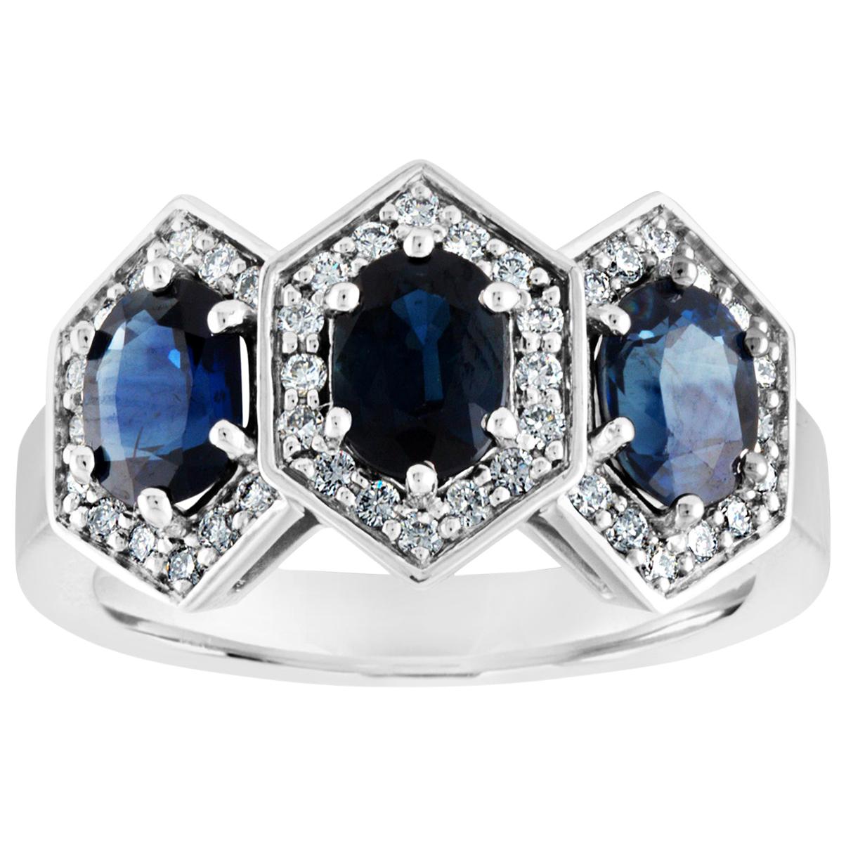 2.22 Carat Three-Stone Hexagon Blue Sapphire Diamond Gold Band Ring For Sale