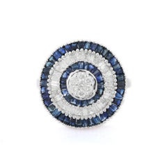 Contemporary 14k White Gold Blue Sapphire and Diamond Round Women Cocktail Ring
