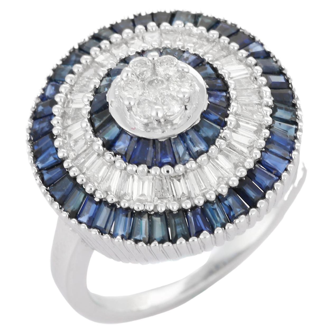 14k Solid White Gold Natural Blue Sapphire and Diamond Round Women Cocktail Ring
