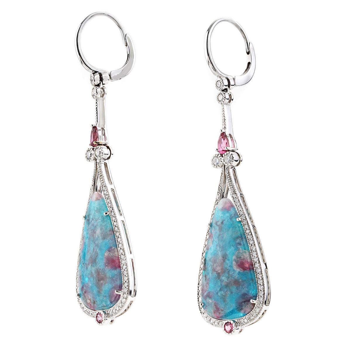 Moderne 22.2 CTTW Opaque Paraiba & Pink Diamond Drop Ears in 18K Gold en vente