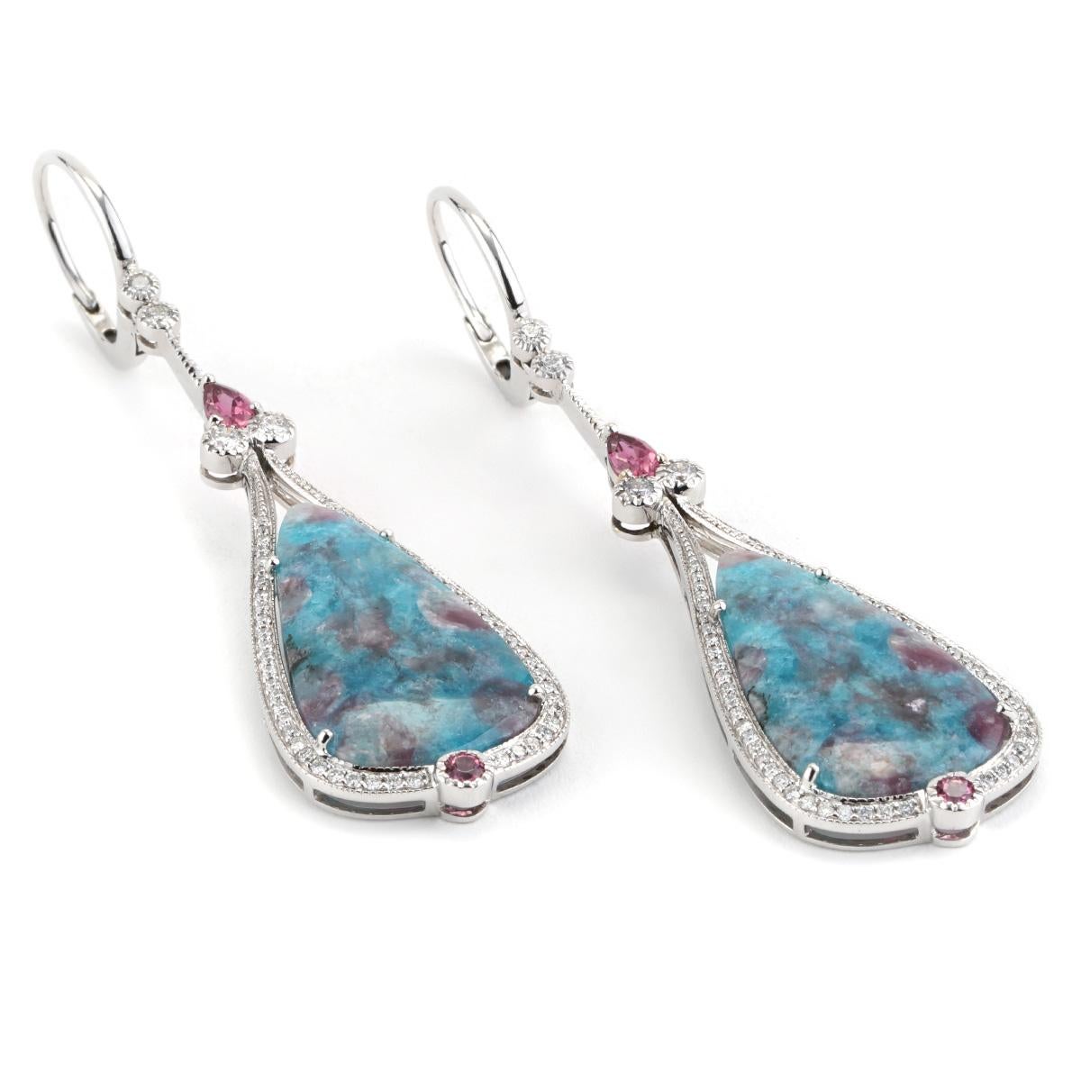 Taille cabochon 22.2 CTTW Opaque Paraiba & Pink Diamond Drop Ears in 18K Gold en vente