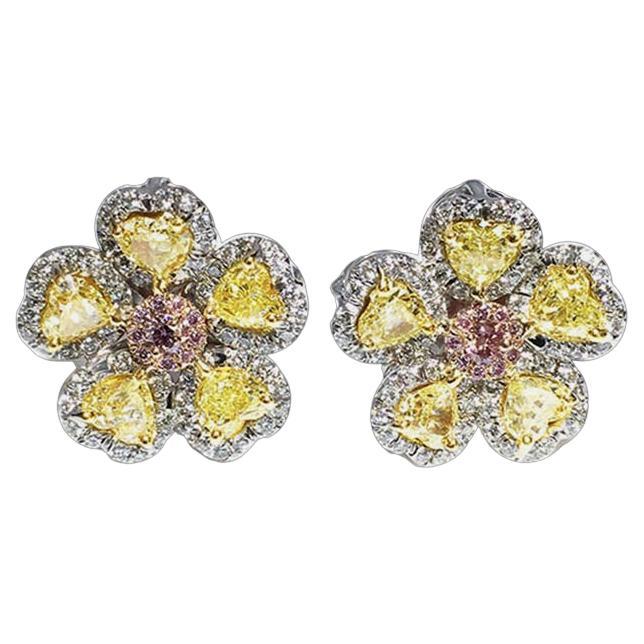 2.22 Total Carat Yellow and Pink Multi Shape Diamond Stud Earrings, 18k Gold For Sale