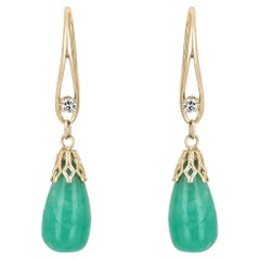 22.20tcw 14K Colombian Emerald Biolette Cabochon & Diamond French Hook Earrings