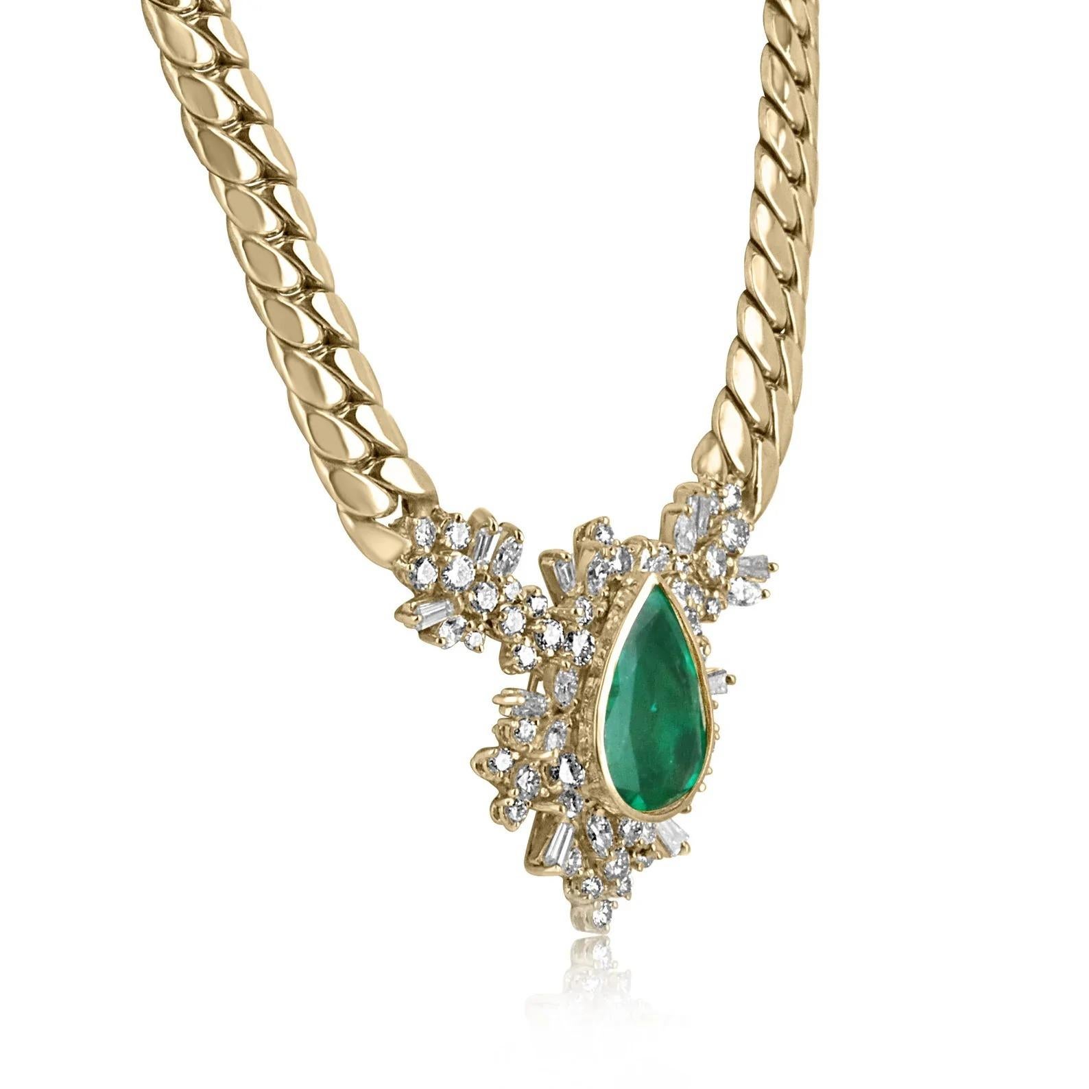 Displayed is an extraordinary and large Muzo green Colombian emerald and diamond statement necklace. A substantial, earth-mined emerald weighs 9.90 carats and is bezel set in sleek, 18K gold. A crown of brilliant round, marquise, and tapered