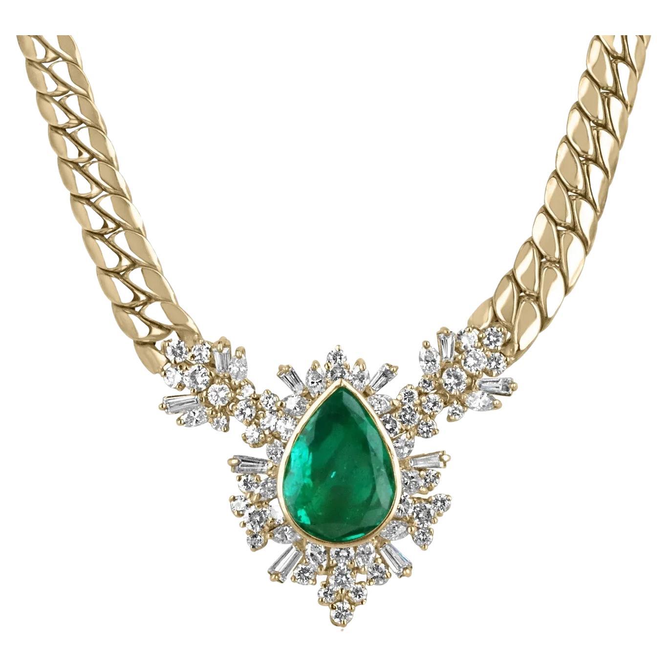 Statement-Halskette, 22,20tcw, feine Qualität kolumbianischer birnenförmiger Smaragd & Diamant-Akzent