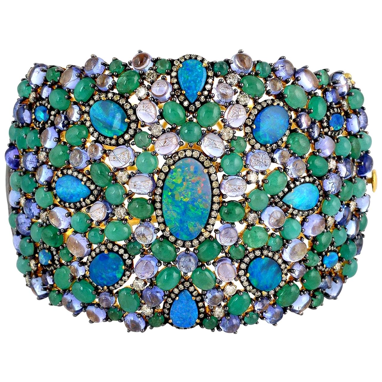 22.21 Carat Emerald Opal Tanzanite Diamond Bracelet Cuff