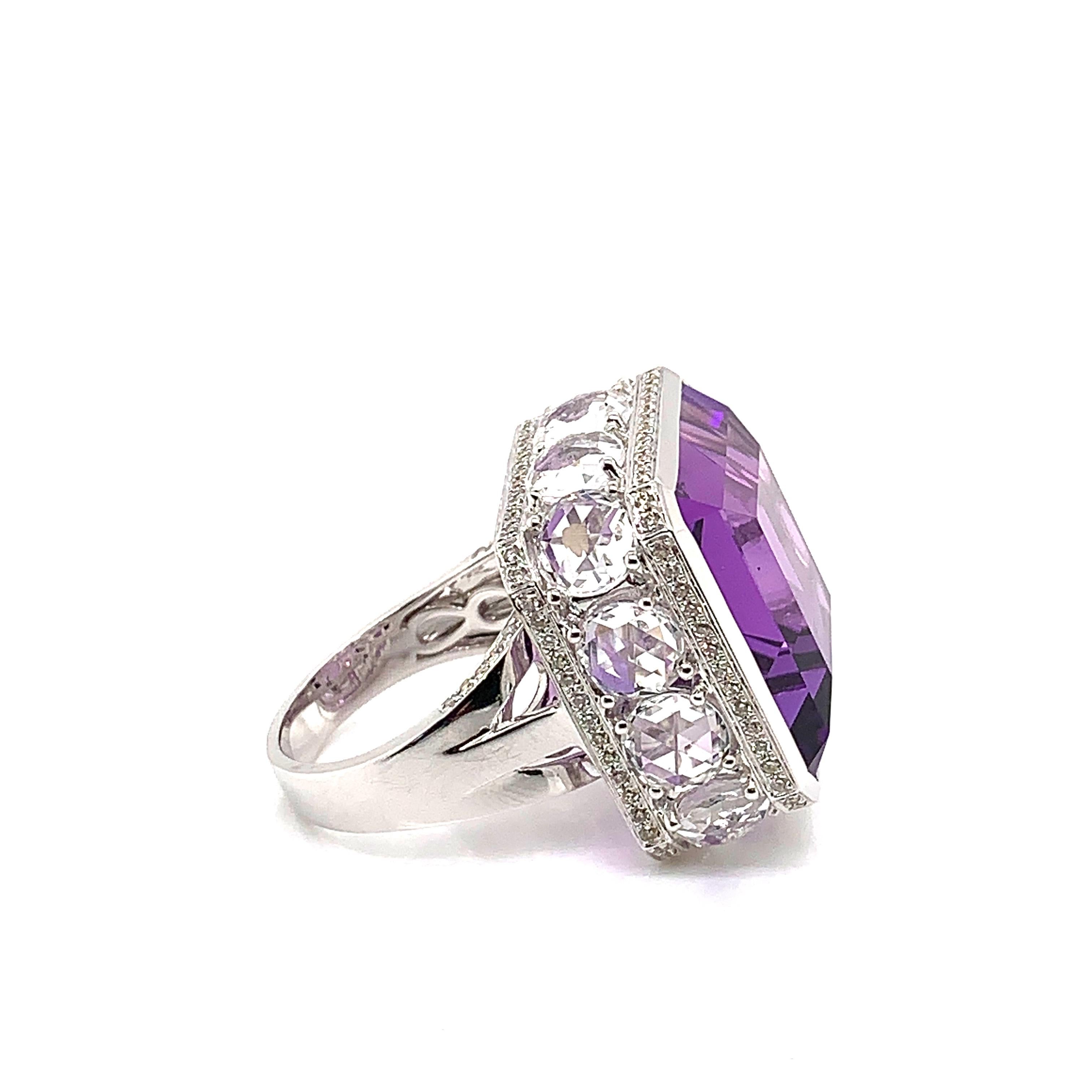 22.2 Carat Amethyst and Diamond Cocktail Ring in 18 Karat White Gold For Sale 1