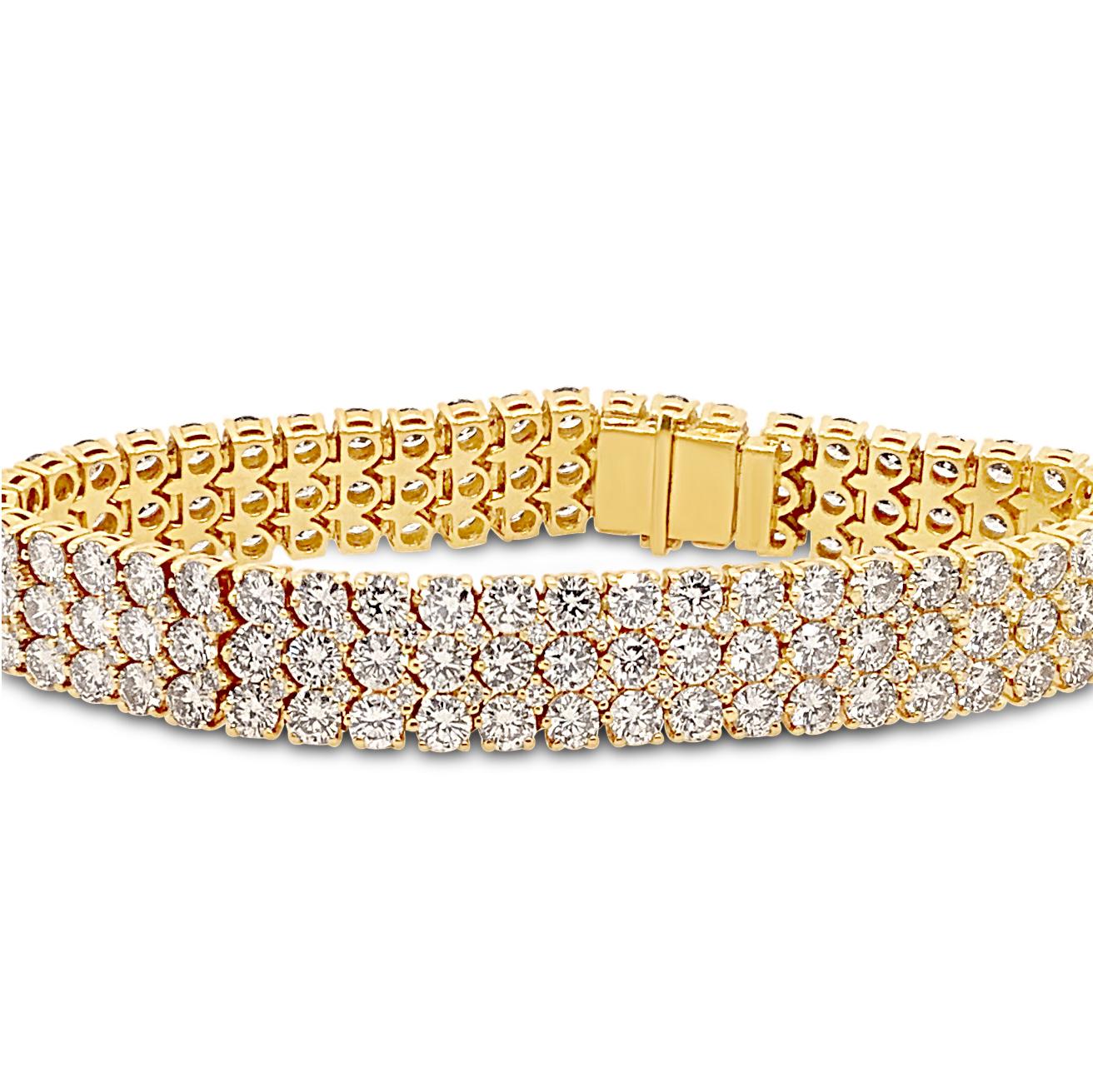 22.22 Carat 'total weight' Three-Row 18 Karat Gold Diamond Link Bracelet For Sale 2