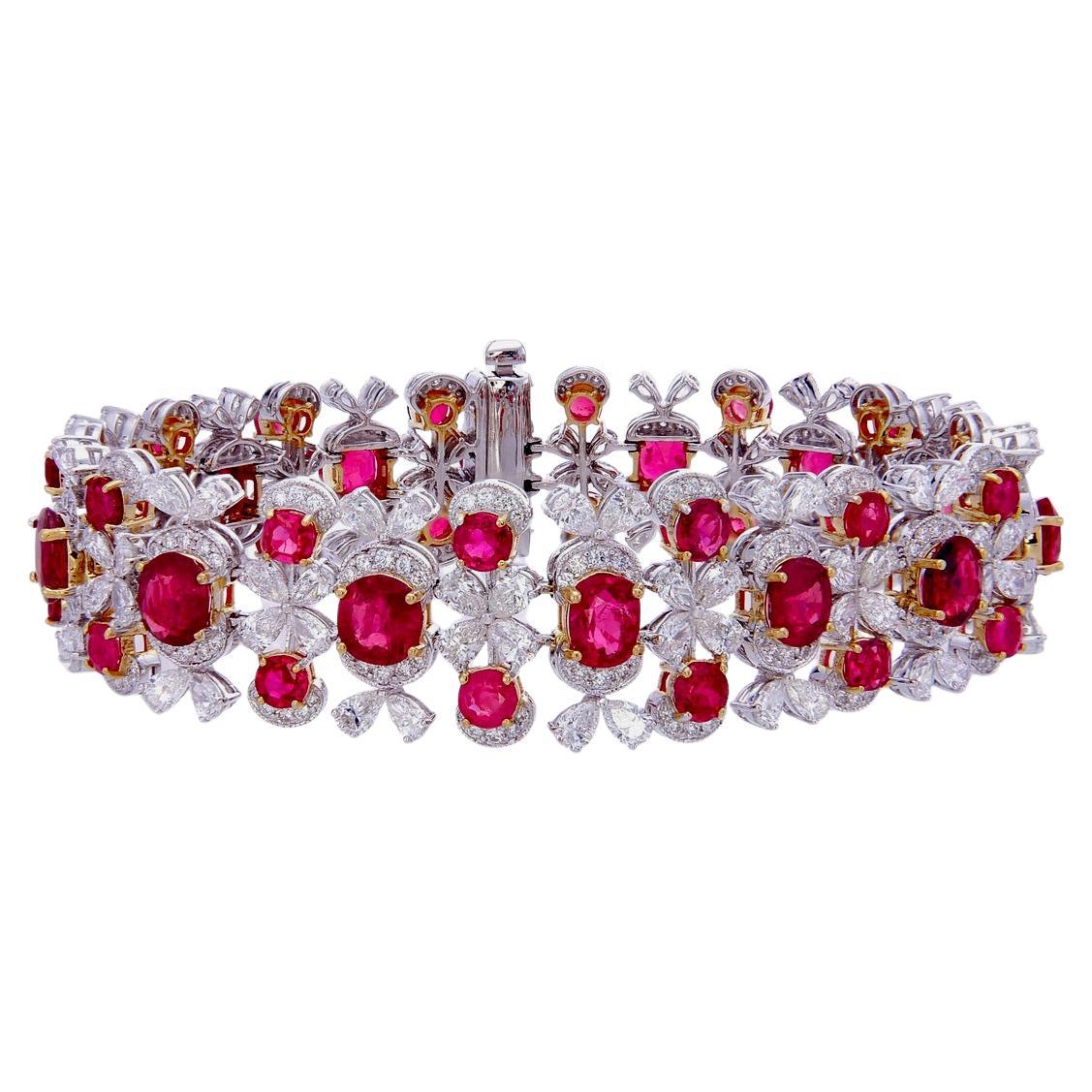 Bracelet en or blanc 18 carats de 22,25 carats de rubis et de diamants de Birmanie sans chaleur