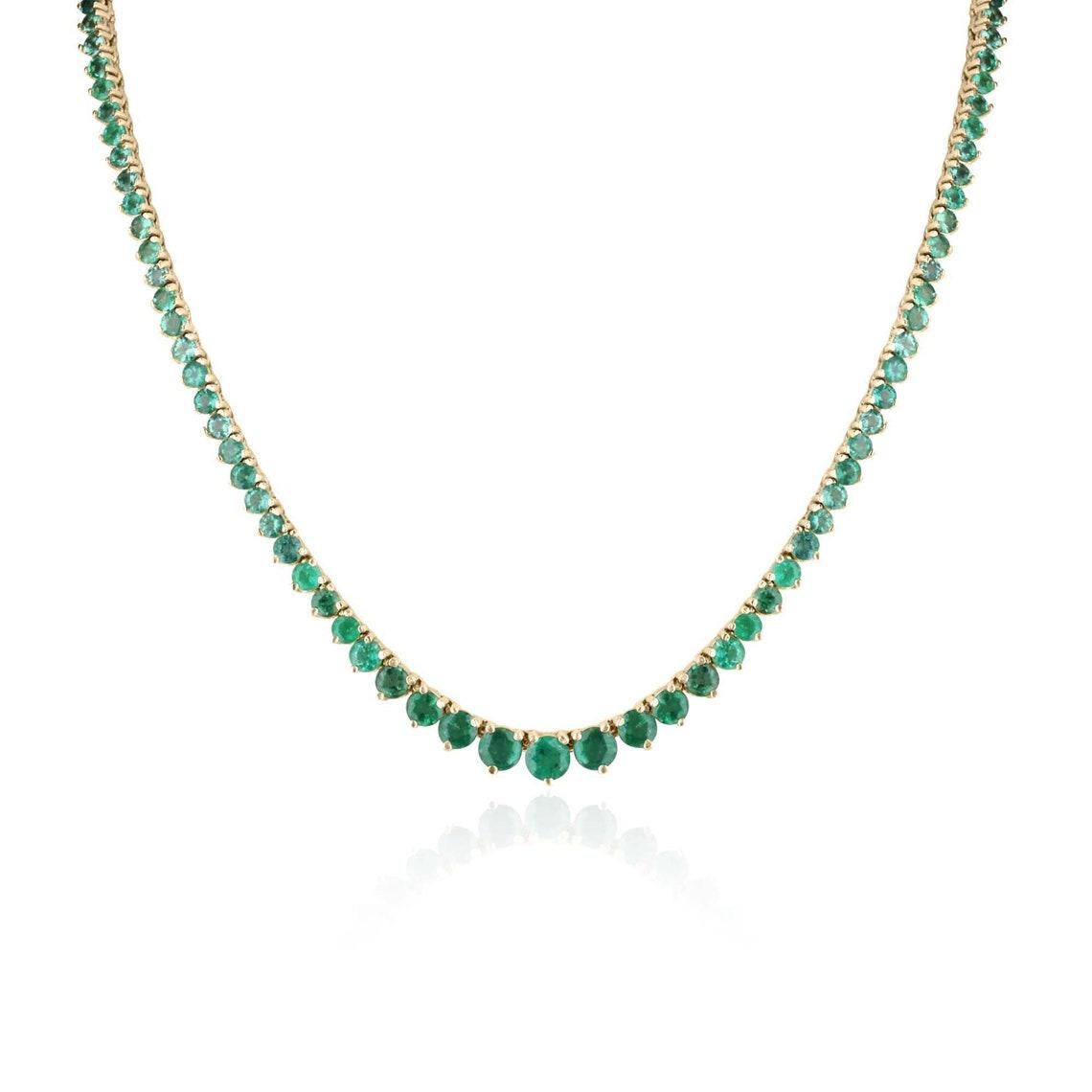 Modern 22.25tcw 14K Gold Round Emerald Tennis Necklace Graduating Medium Dark Green For Sale