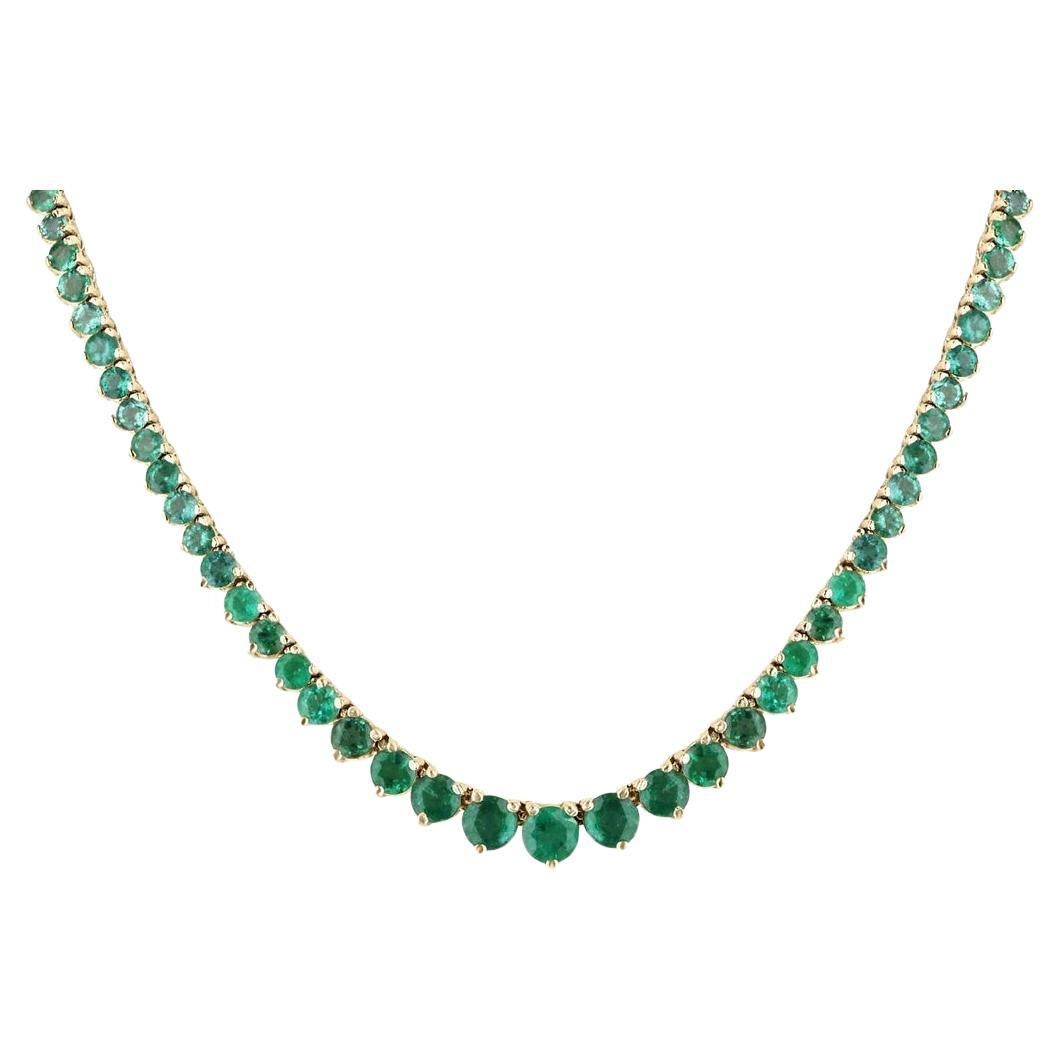 22.25tcw 14K Gold Round Emerald Tennis Necklace Graduating Medium Dark Green For Sale