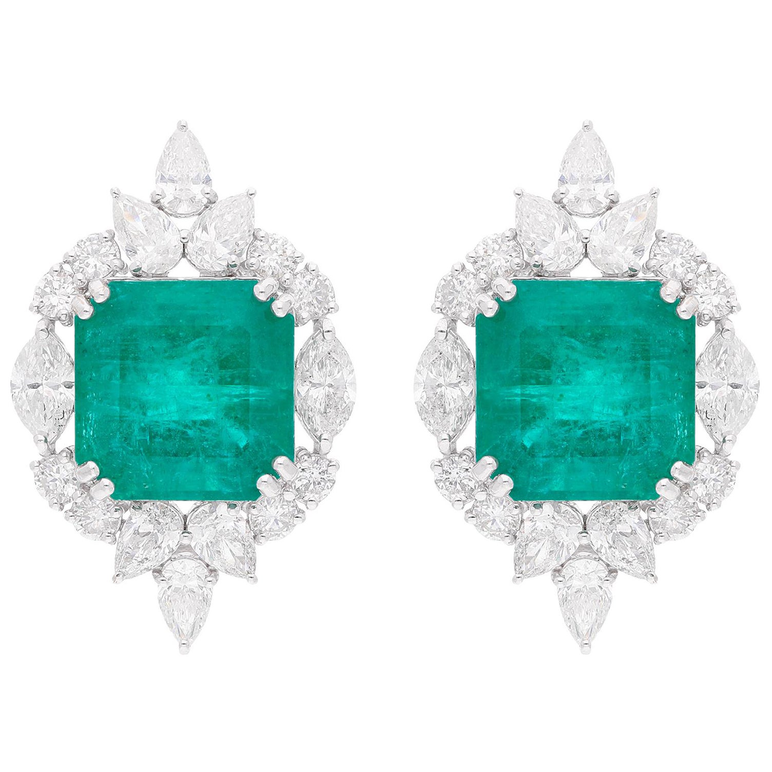 22.26 Carat Emerald Earrings 6.17 Carat Pear Round Diamond 18 Karat White Gold For Sale