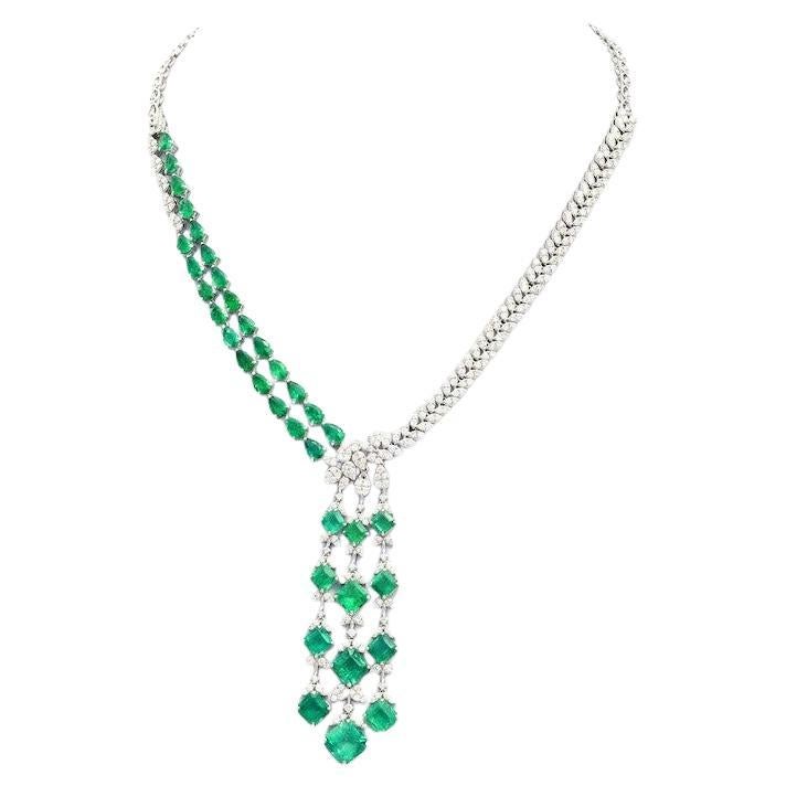 22.28 Carat Zambian Emerald 18 Karat White Gold Diamond Necklace For Sale