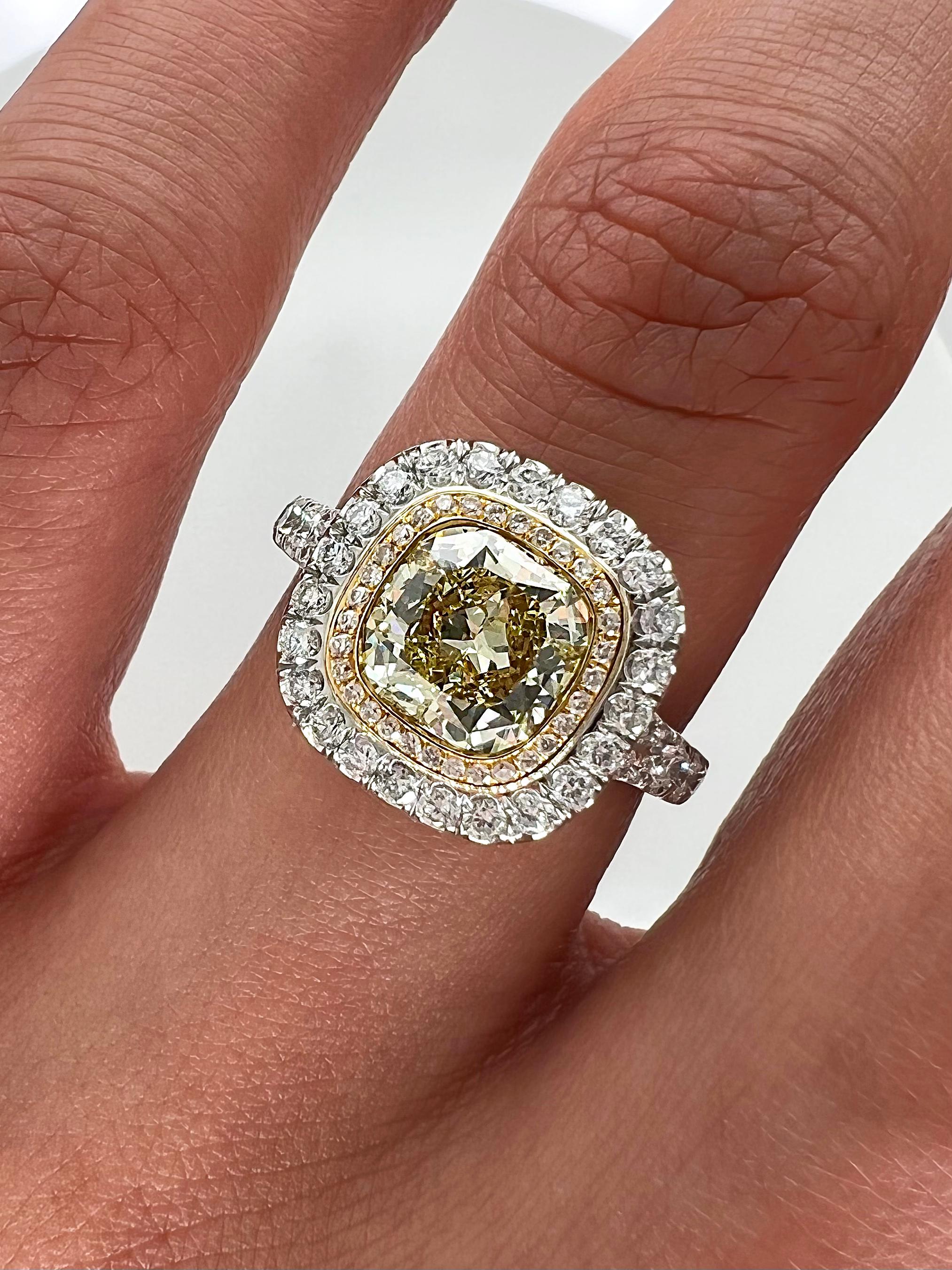 Cushion Cut 2.22 Total Carat Fancy Yellow Diamond Ladies Engagement Ring GIA For Sale