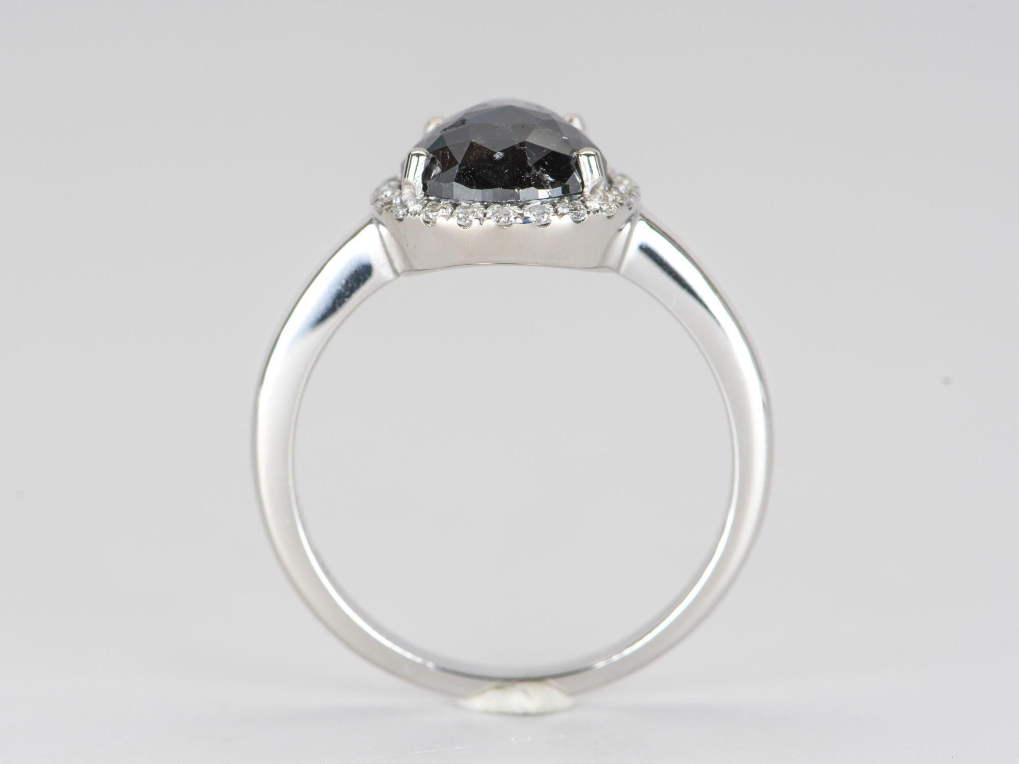 Pear Cut 2.22ct Black Diamond with Diamond Halo 14K White Gold Engagement Ring R6309 For Sale