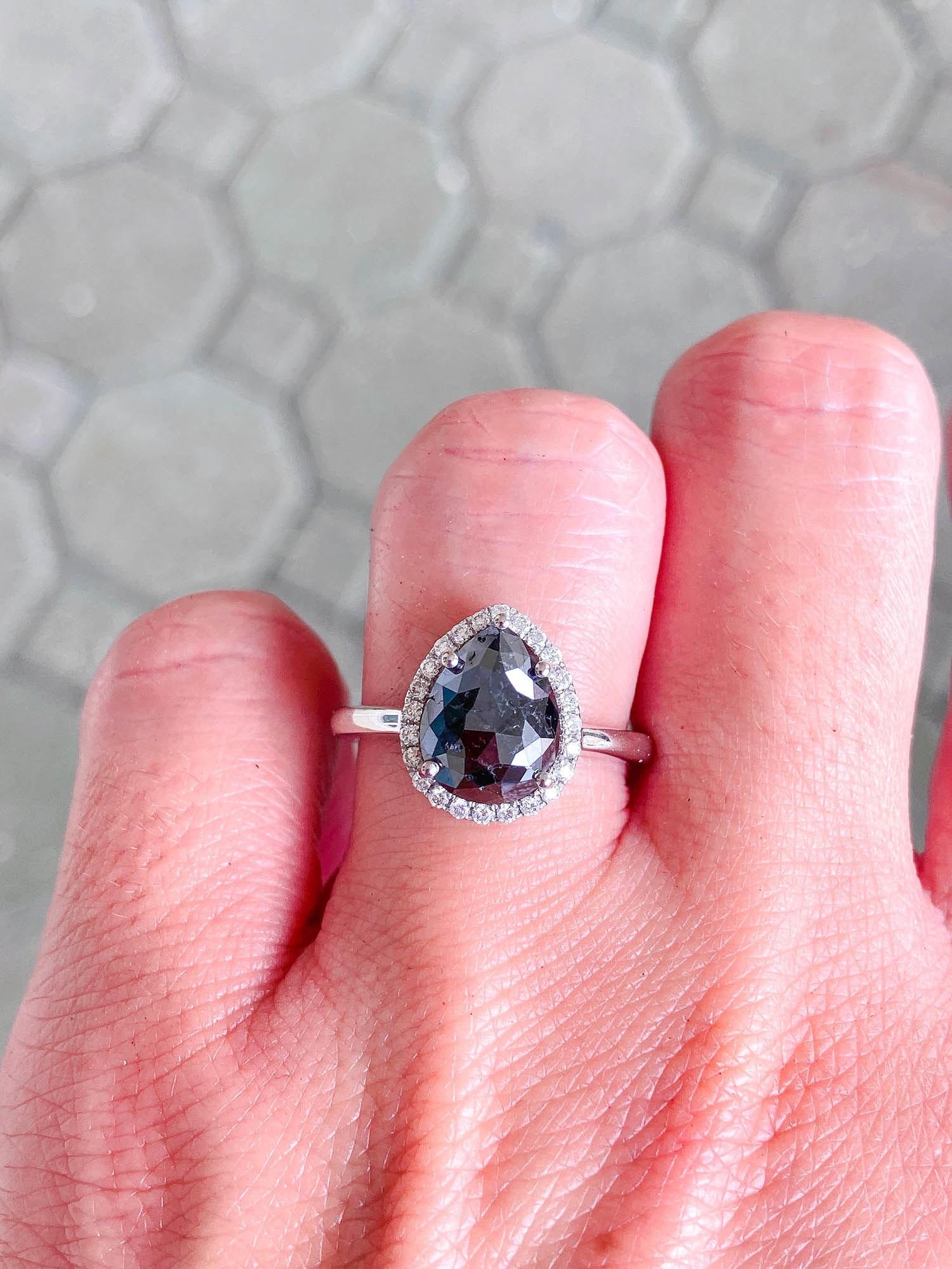 2.22ct Black Diamond with Diamond Halo 14K White Gold Engagement Ring R6309 In New Condition For Sale In Osprey, FL
