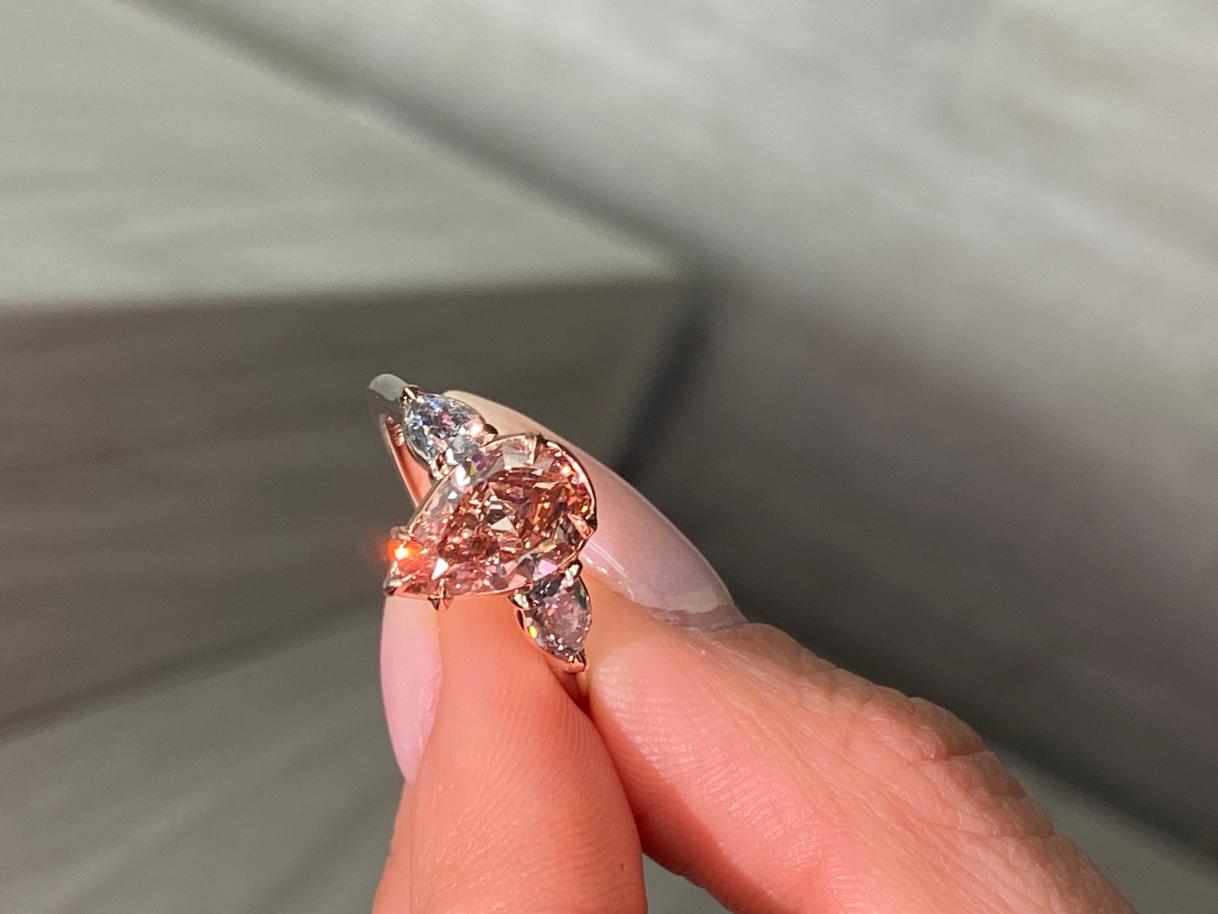 2.22ct Fancy Deep Brown-Pink Pear Diamond with Blue Diamonds Three Stone Ring For Sale 1