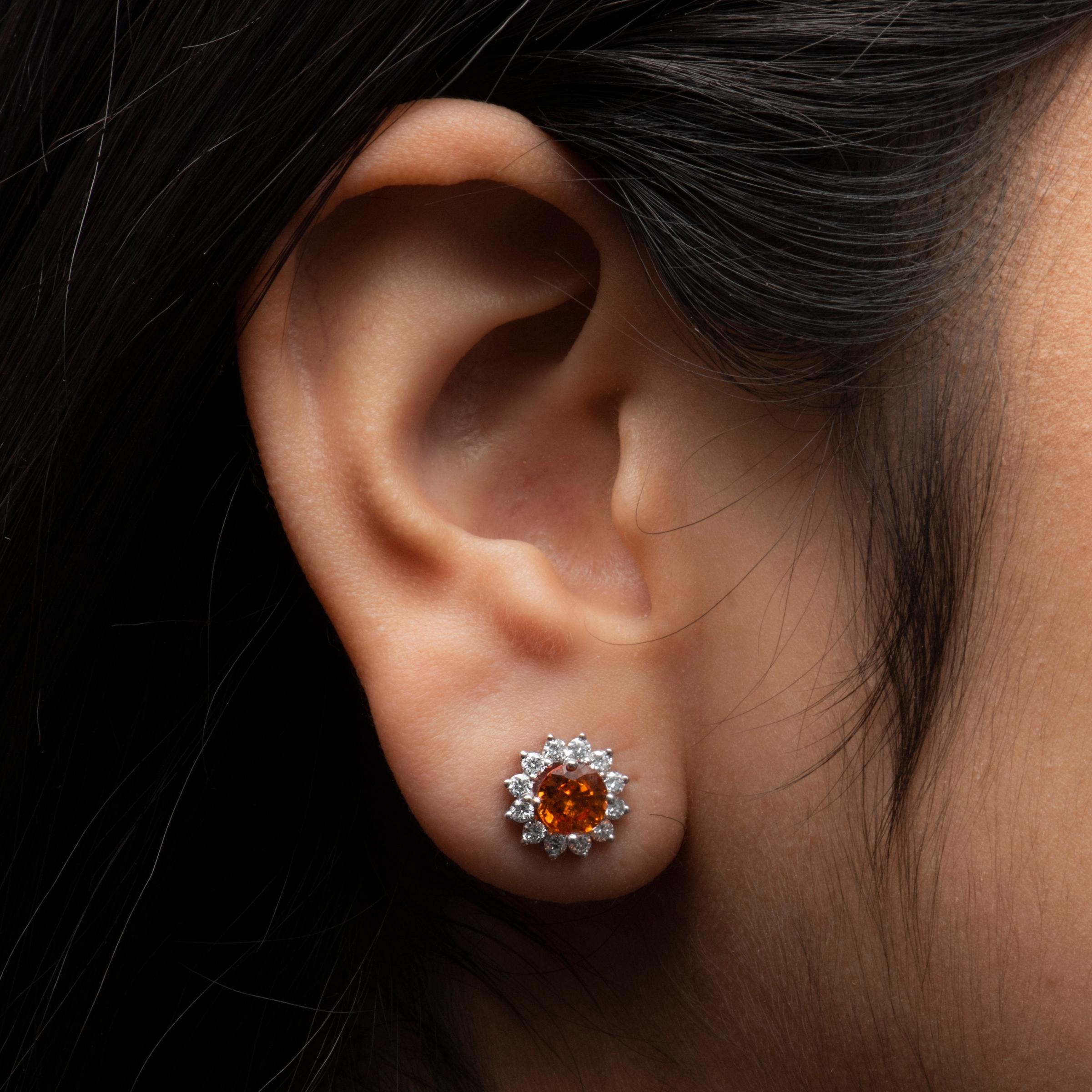 Round Cut 2.22ct Natural Bright Orange Sapphire Stud Earrings with 0.73ct in fine Diamonds