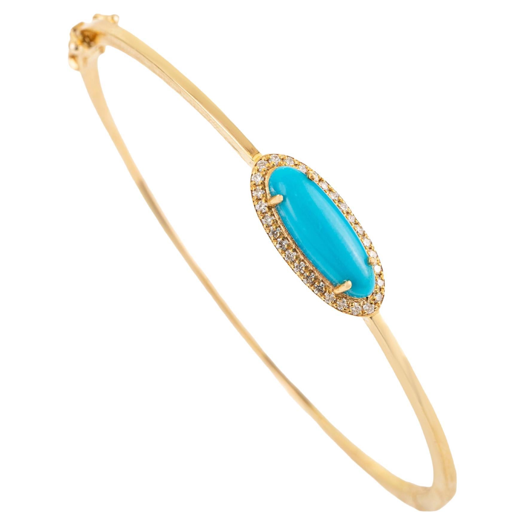 Bracciale con cabochon di turchese naturale da 2,22 carati e diamanti a raggiera in oro giallo 14K