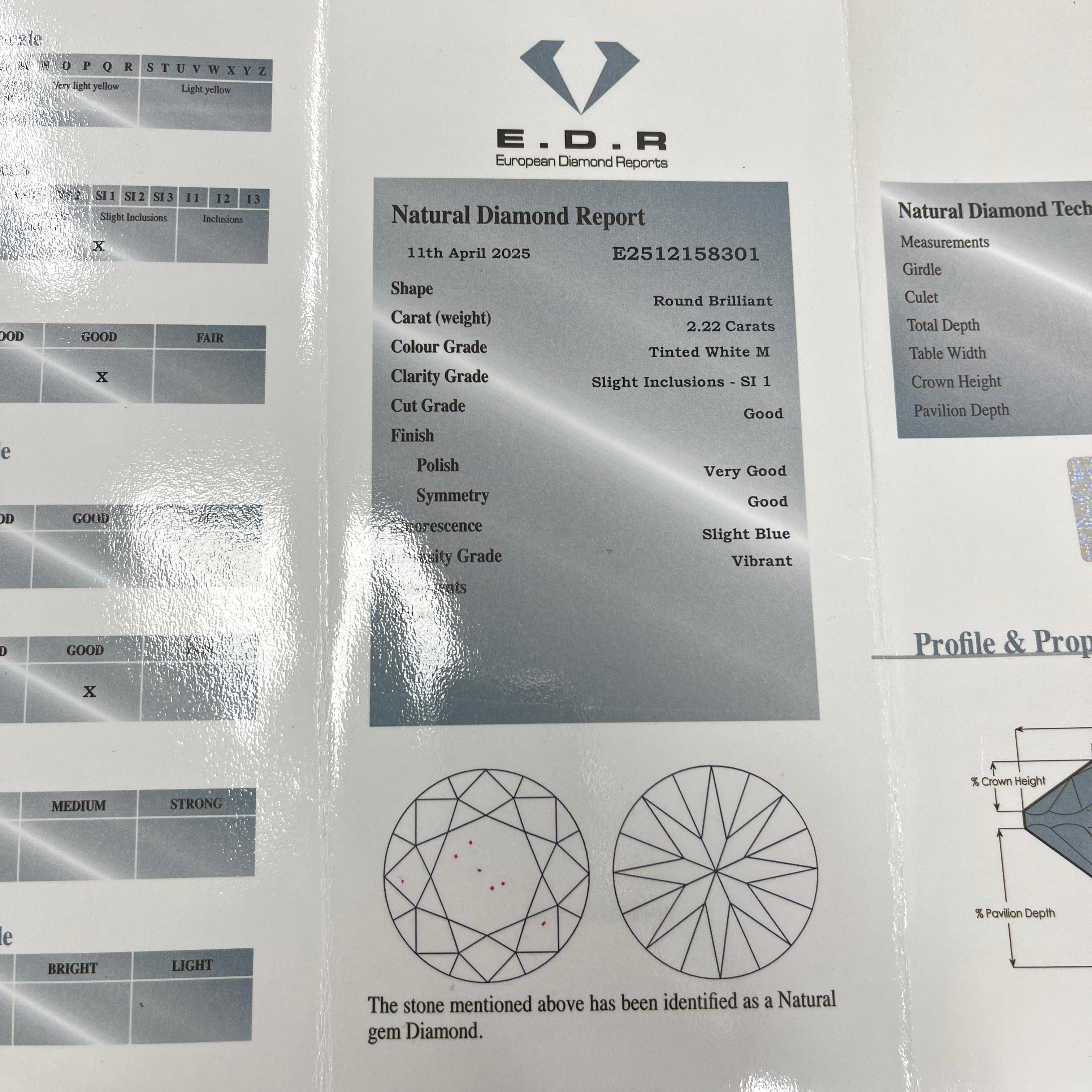 Uno squisito diamante rotondo taglio vecchio da 2,22 ct (colore M, purezza SI1) 
è al centro della scena in questa intramontabile montatura in platino,
 affiancato da tre diamanti più piccoli 
su ogni spalla per aggiungere brillantezza e fascino