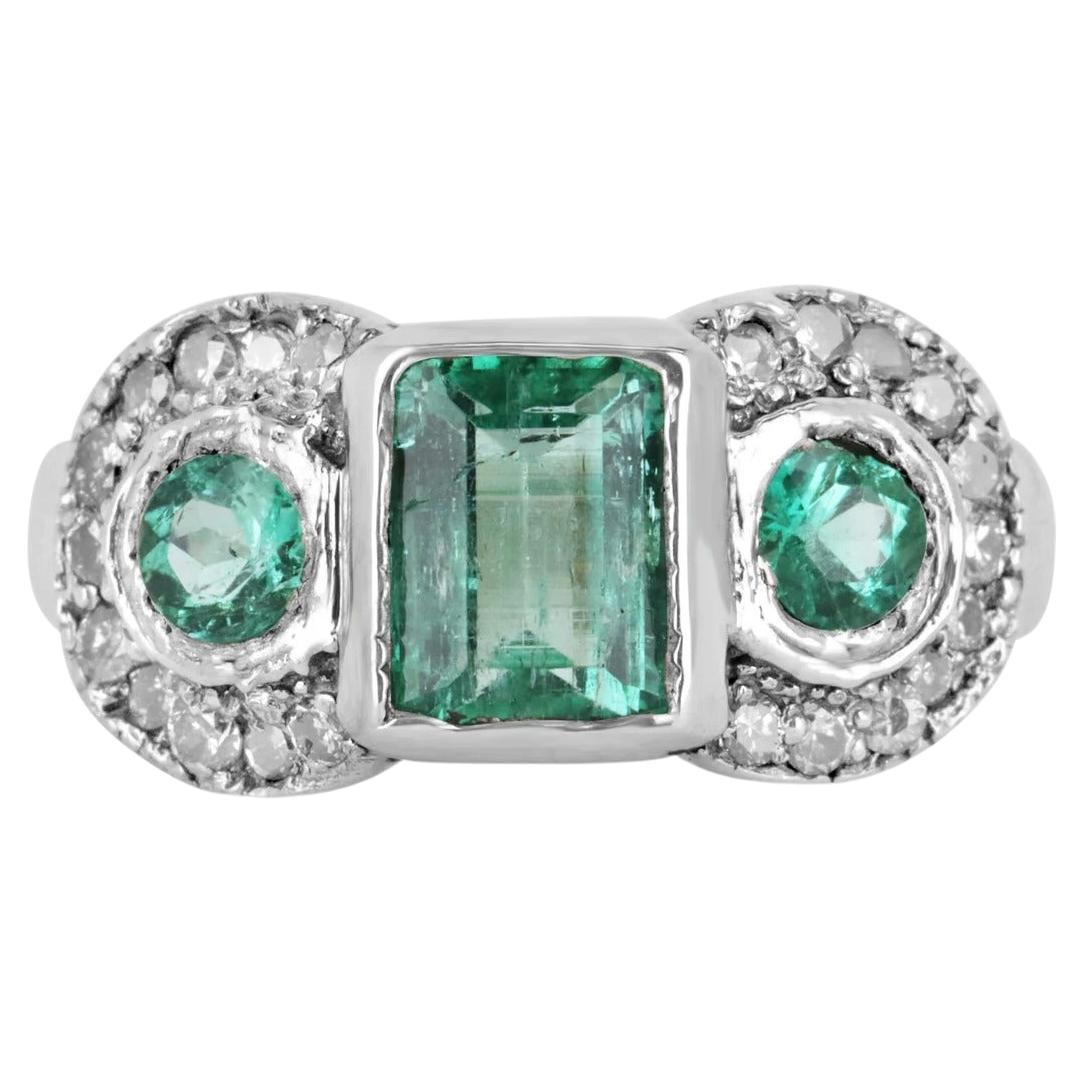 2.22tcw 14K Colombian Emerald-Emerald Cut & Round Cut Diamond Vintage Ring For Sale